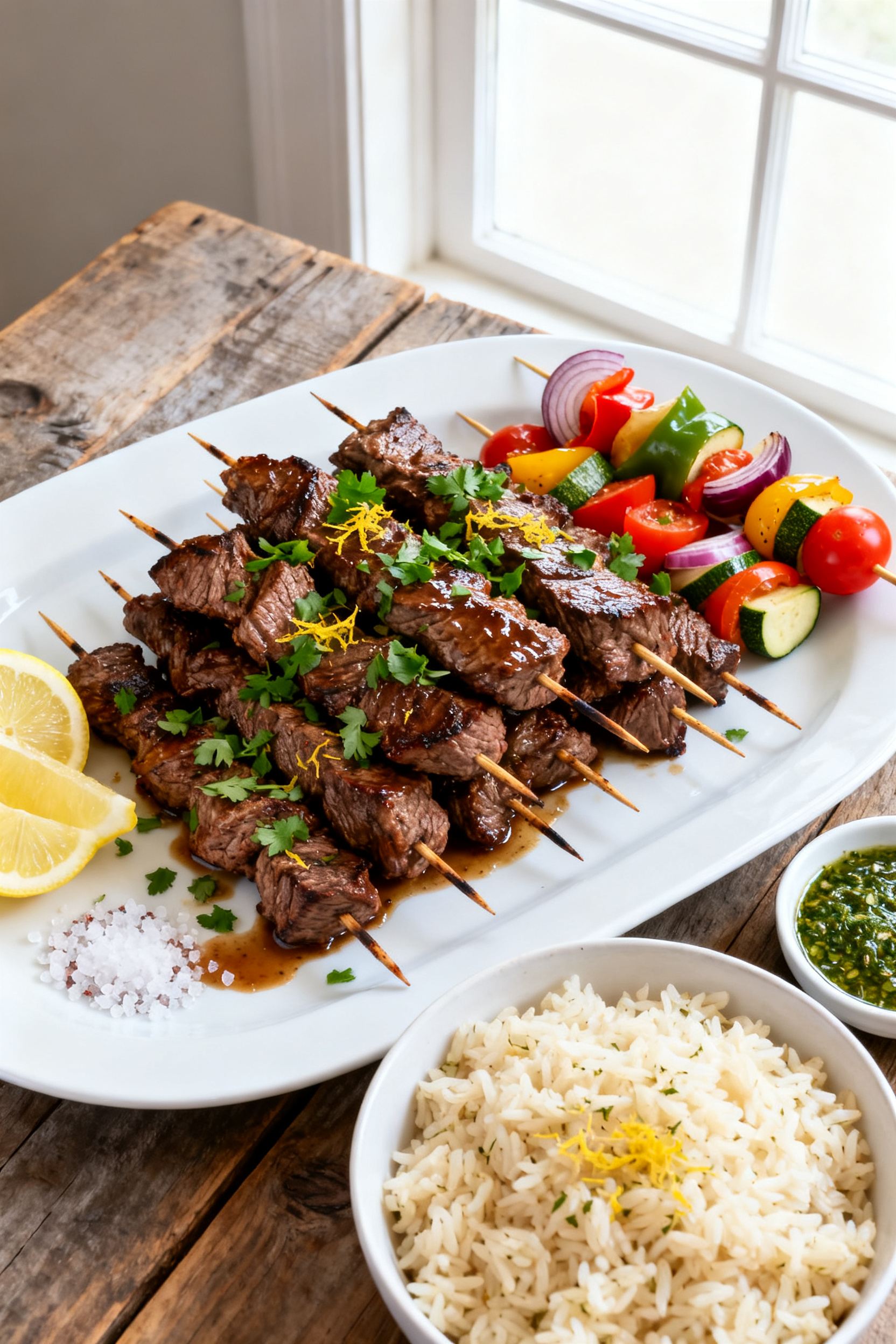 Tasty top view: Overhead shot of a serving platter piled with finished steak kabobs, rested and glis