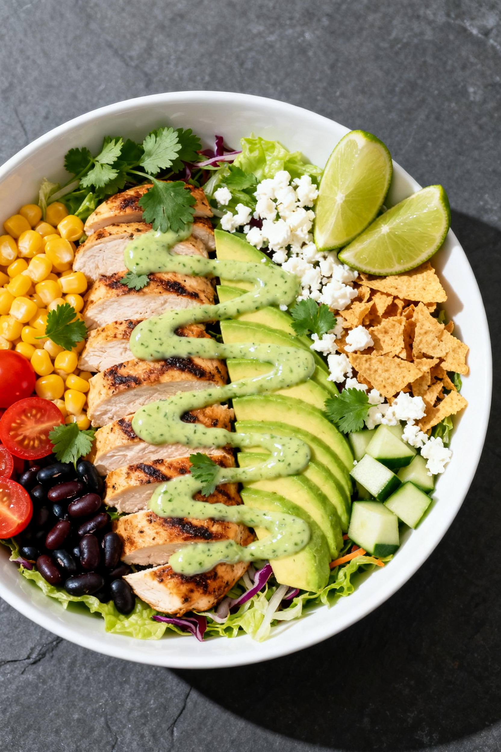 Tasty top view: Overhead shot of a Southwest Chicken Salad bowl fully assembled—romaine and spring