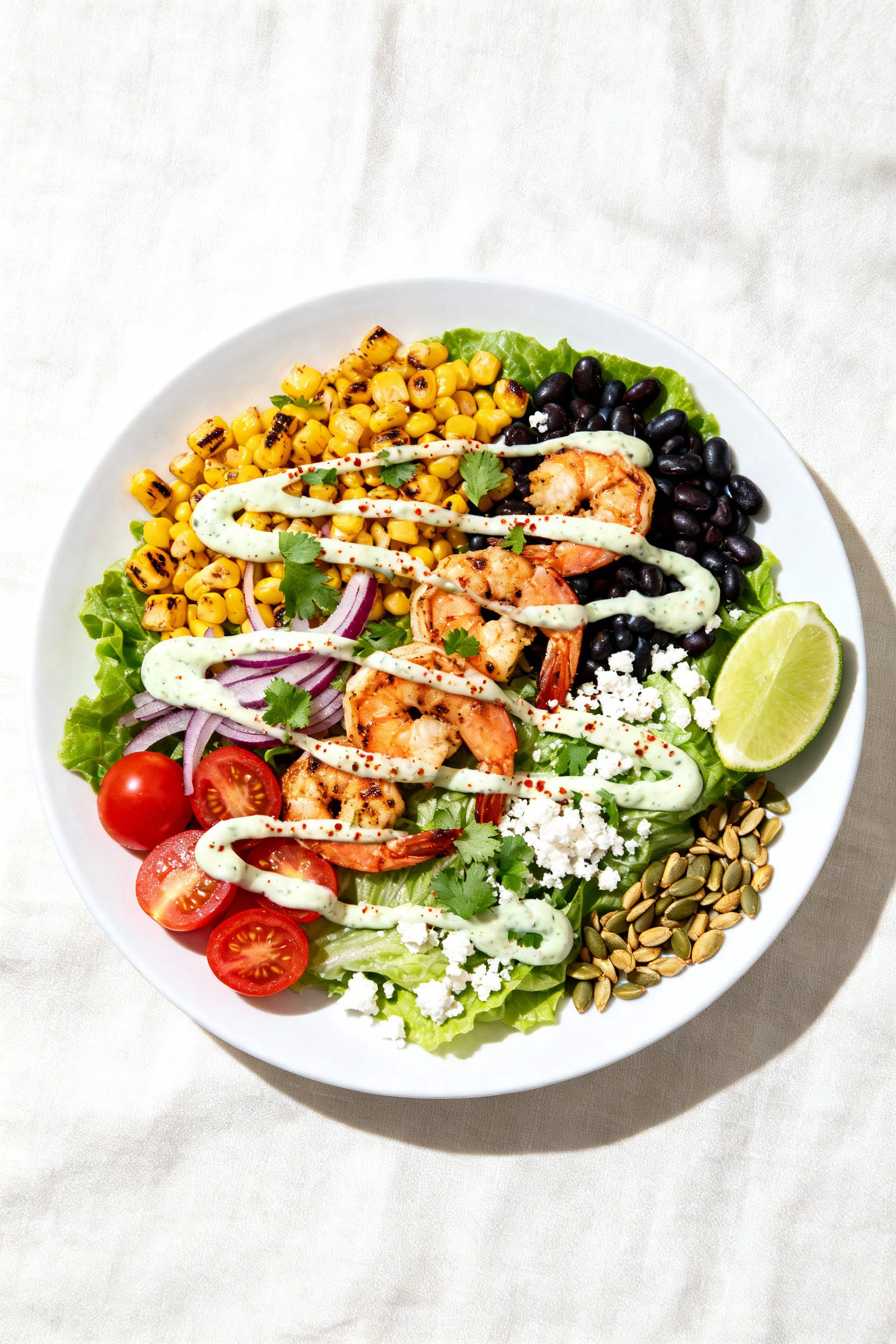 Tasty top view: Overhead shot of a “Street Corn Vibe” salad fully plated—romaine base topped w