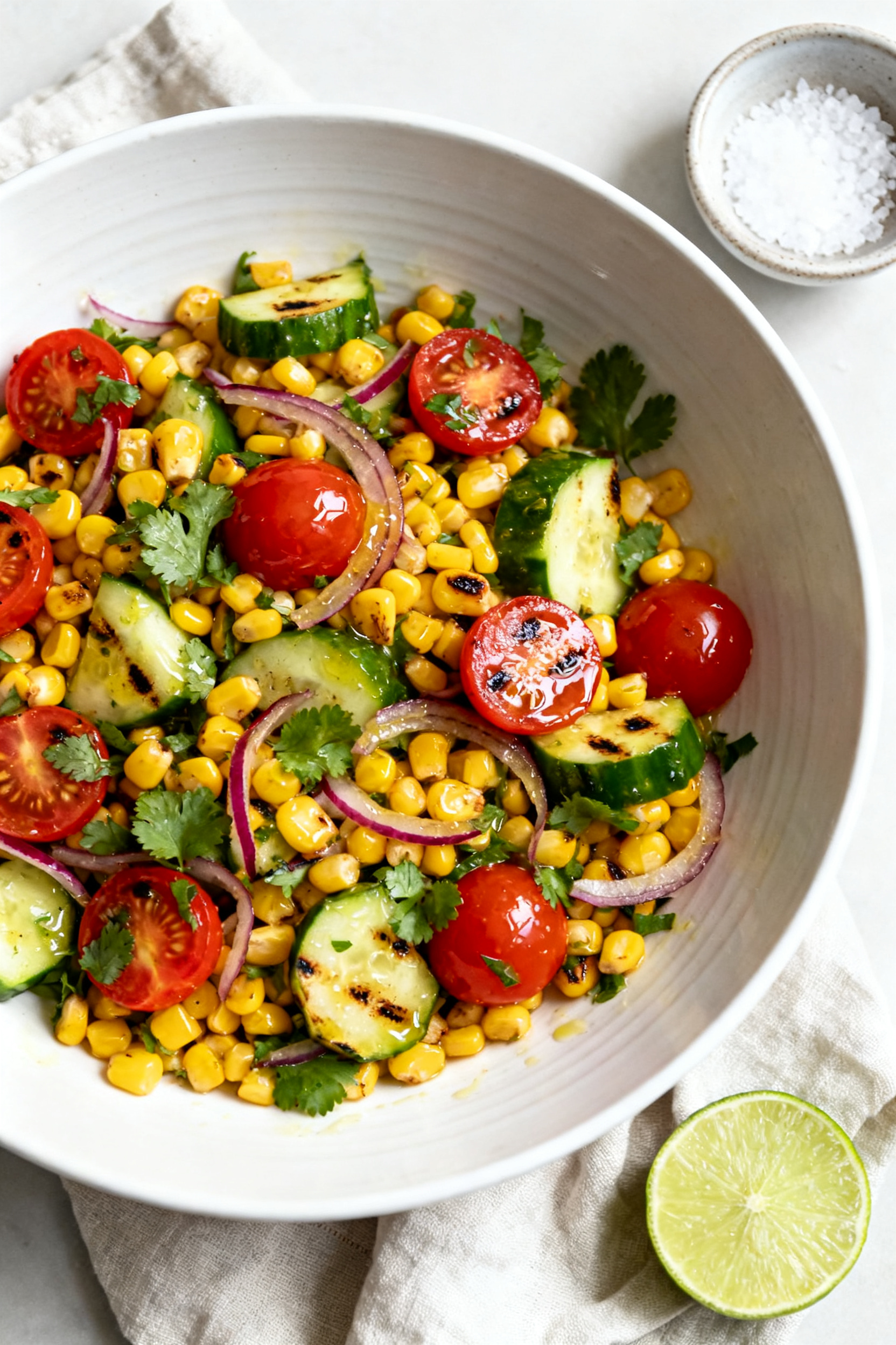 Tasty top view — Overhead shot of a vibrant corn–tomato–cucumber salad tossed with cilantro an