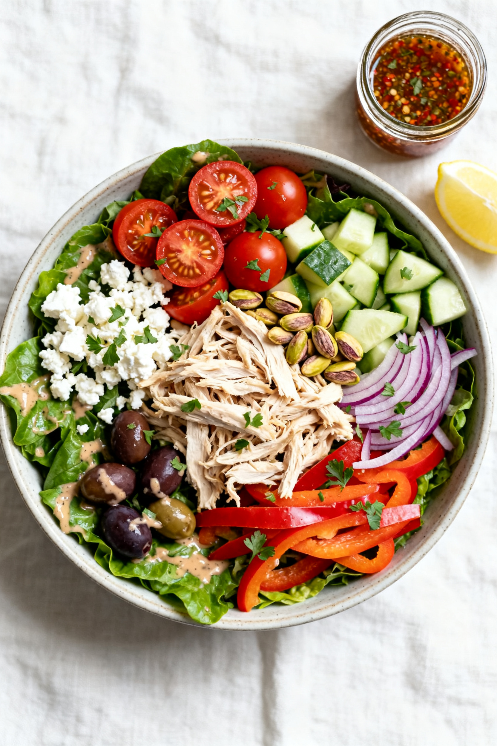 Zero Cooking. Full Flavor. Tonight. → "Leftover Rotisserie Chicken — Zero Cooking Full Flavor" - A Fast, Fresh Dinner You’ll Crave Tasty top view: Overhead shot of a vibrant Mediterranean-style chicken salad bowl—mixed greens bas