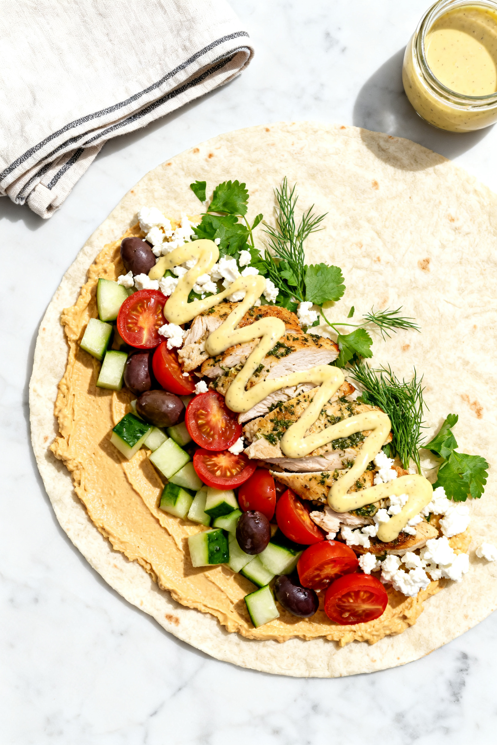 Leftover Rotisserie Chicken Lunch So Good They'll Think You Cooked – Quick, Fresh, and Flavor-Packed Tasty top view: Overhead shot of a wrap assembly—soft tortilla spread edge-to-edge with hummus, la