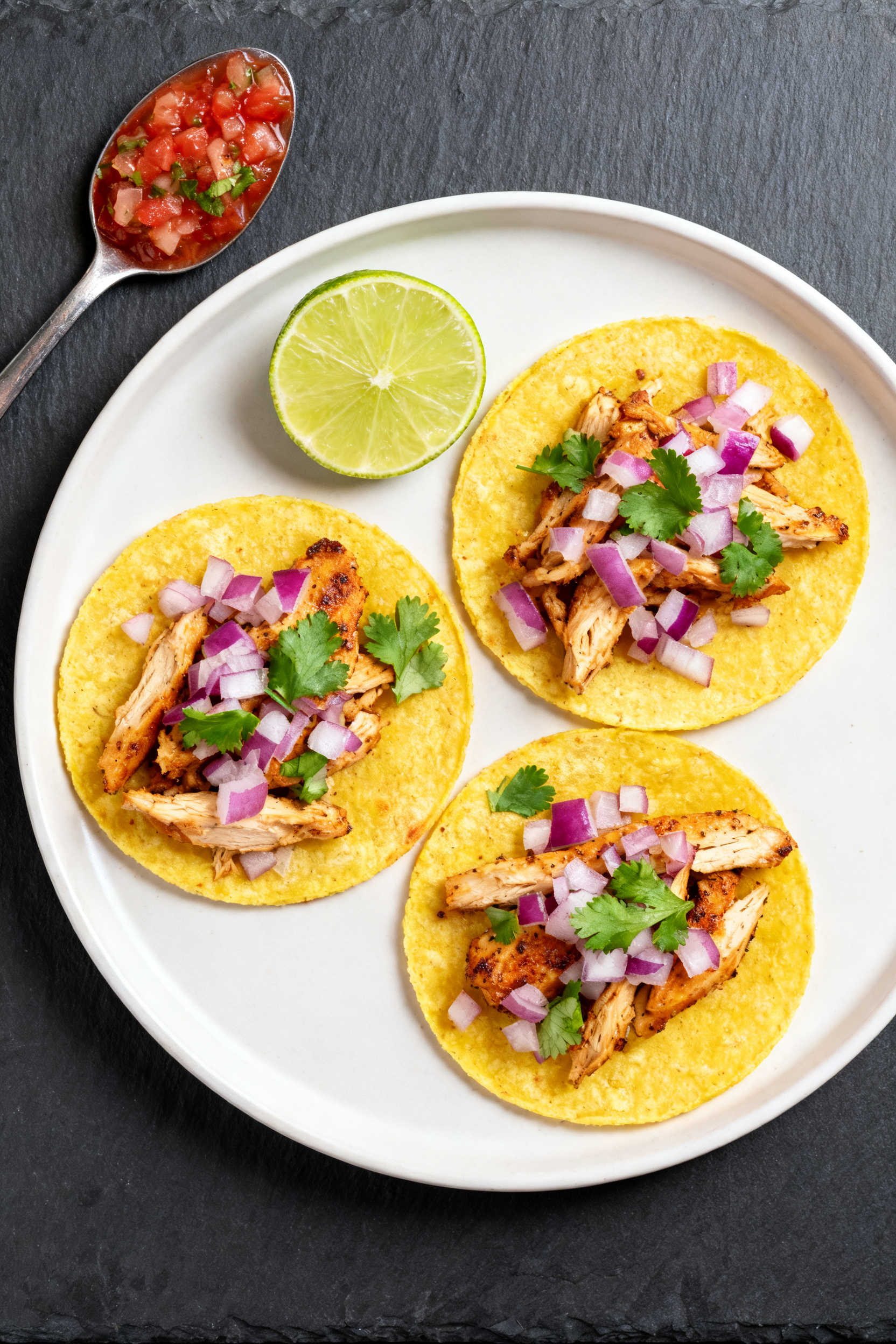 Tasty top view: Overhead shot of bright Chicken Tacos, three small corn tortillas filled with juicy 