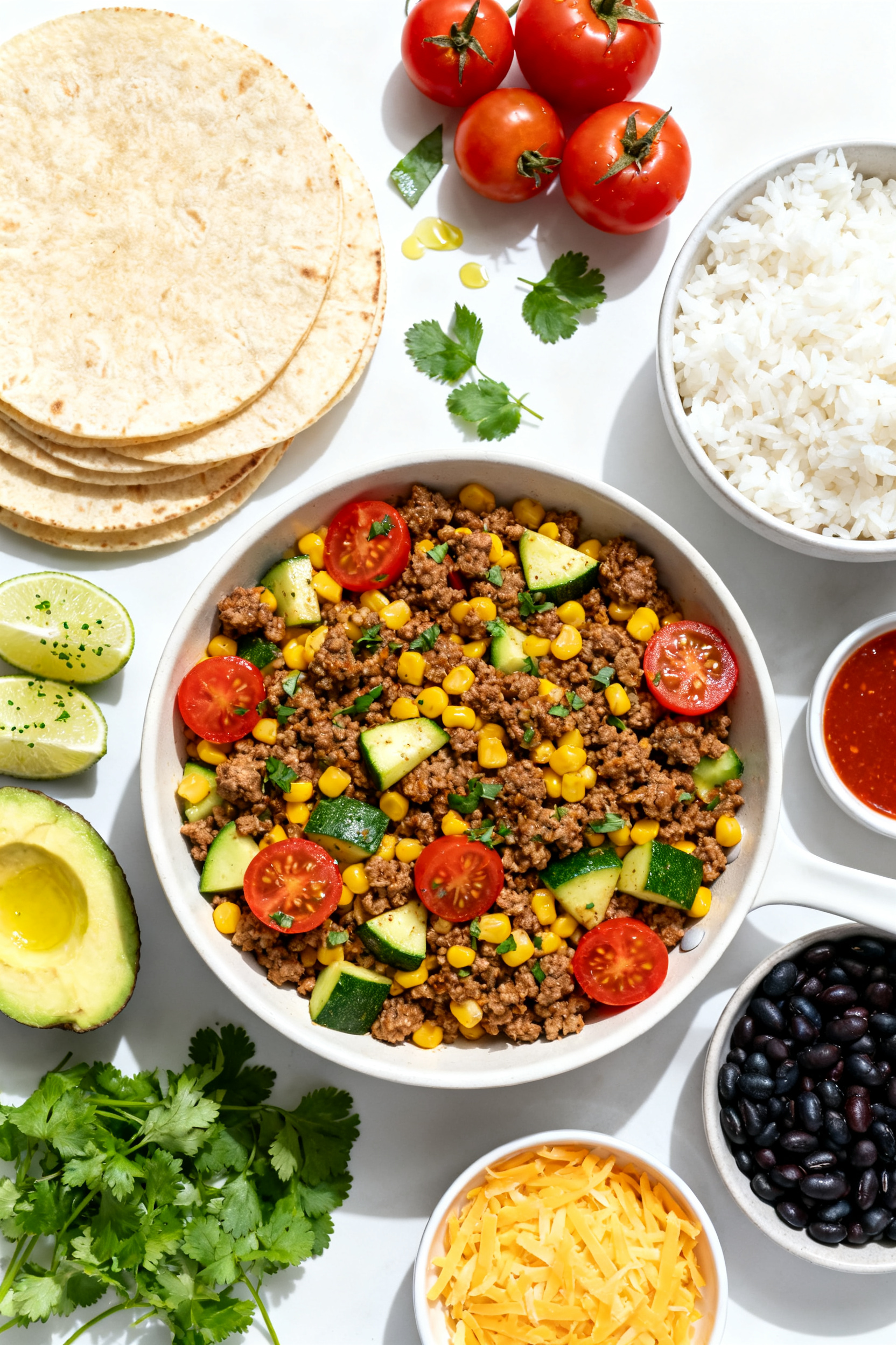 Tasty top view — Overhead shot of build-your-bowl bar for serving the summer skillet: center bowl 