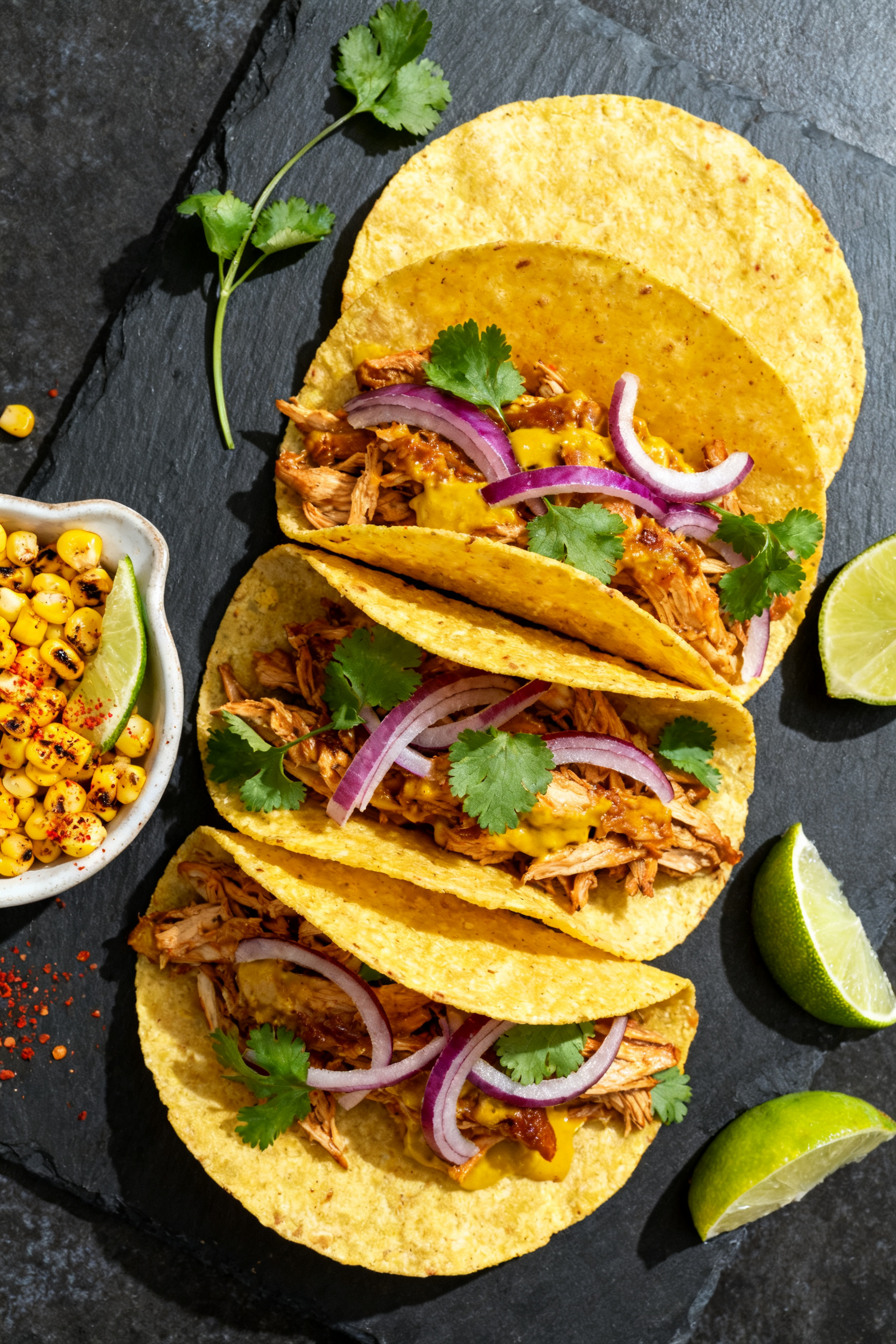 Tasty top view: Overhead shot of Carolina-style BBQ chicken tacos on a dark slate board—warm corn 