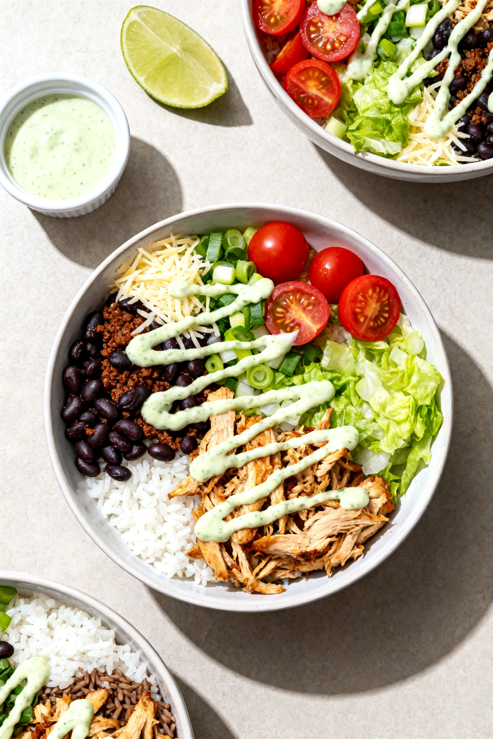 One Bag Of Groceries. All Week Long. → Leftover Chicken Recipes — One Bag All Week Long - Simple, Flexible, Budget-Friendly Tasty top view: Overhead shot of colorful chicken rice bowls arranged on a neutral tabletop—fluffy