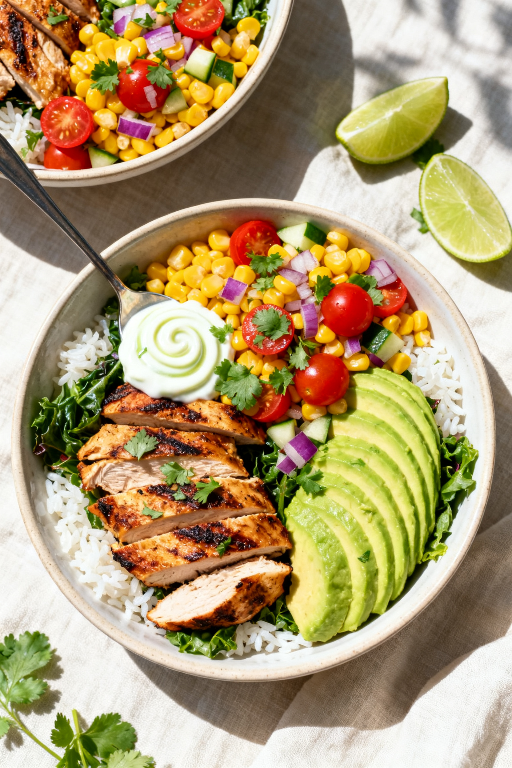 Summer Recipes — The Ultimate Warm Weather Comfort Food - Simple, Fresh, and Satisfying Tasty top view — Overhead shot of colorful summer bowls: base of fluffy white rice and mixed green