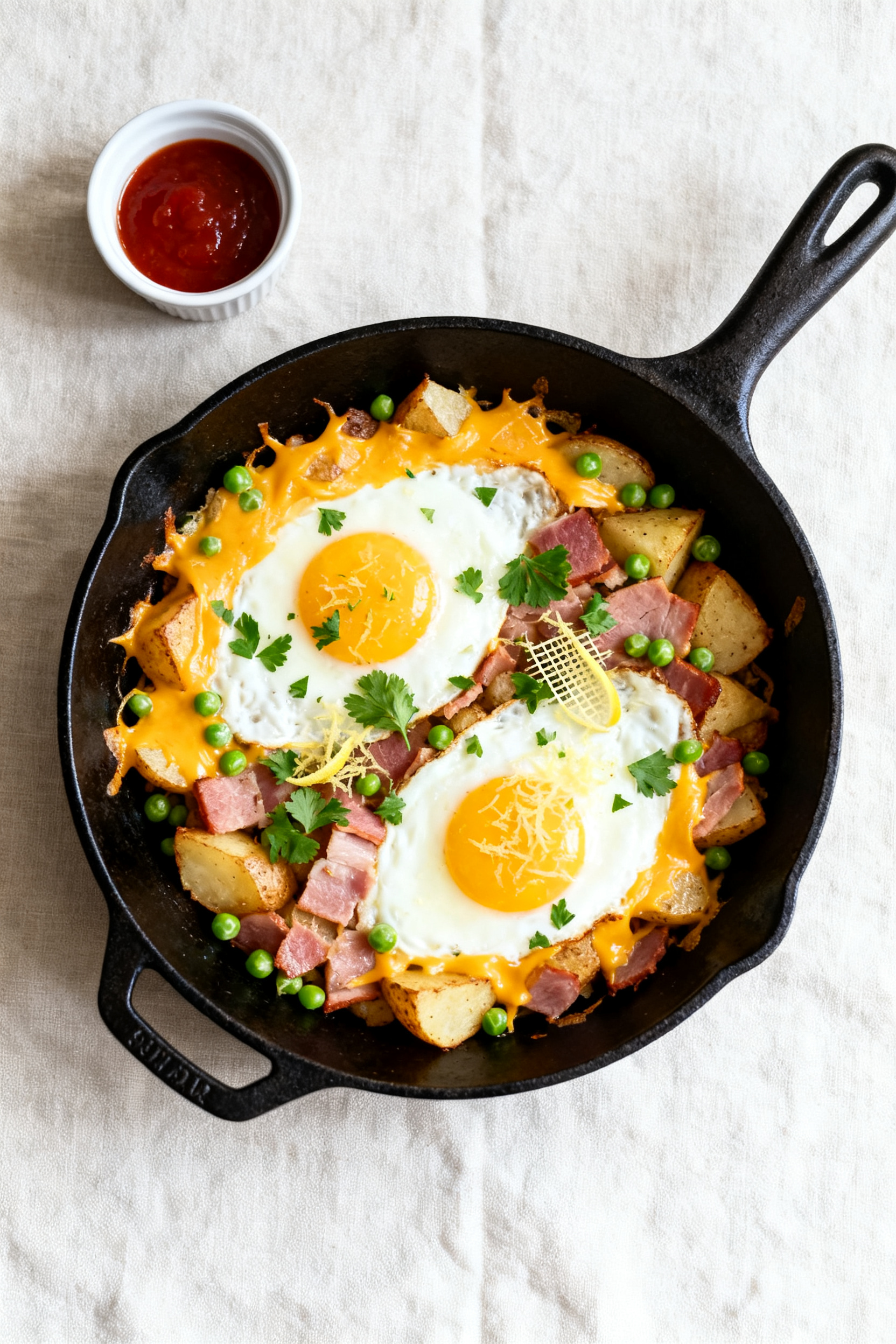 Tasty top view: Overhead shot of finished ham-and-potato skillet topped with two sunny-side-up eggs,