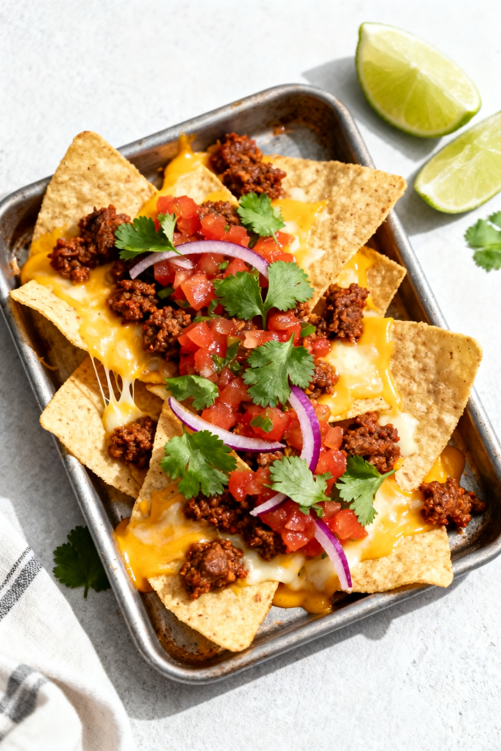 Sweet. Spicy. Gone in 5 Minutes. → "Leftover Taco Meat Recipes — Sweet Spicy Gone in 5 Min" - Fast, Flavor-Packed Ideas Tasty top view: Overhead shot of five-minute nachos on a small sheet pan—tortilla chips layered wi