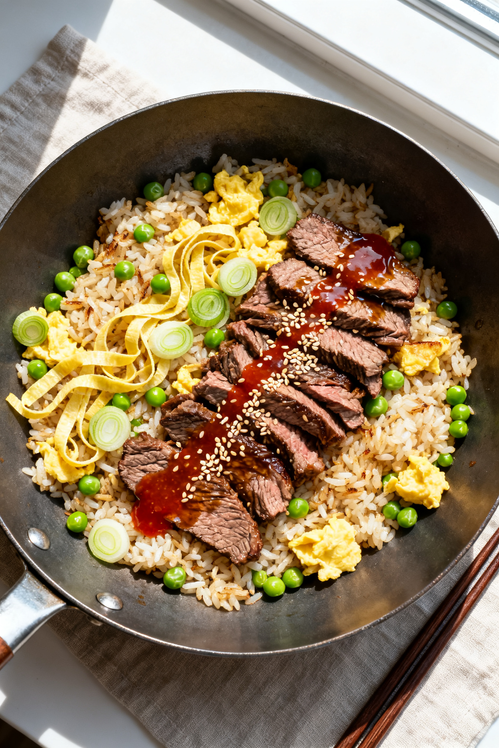 Nothing Left? You Still Have Dinner. → Leftover Steak Recipes — Nothing Left You Still Eat Well - Easy Ways to Turn Last Night’s Steak Into Tonight’s Meal Tasty top view: Overhead shot of fried-rice–style steak in a wide wok—fluffy, slightly crisped r