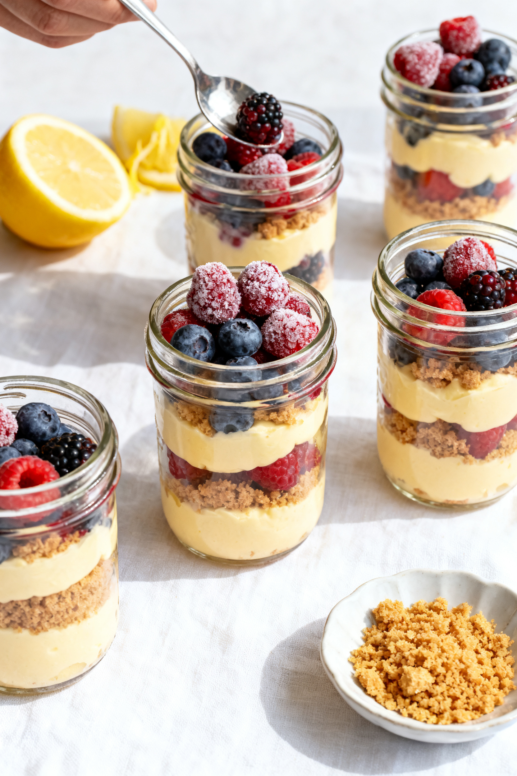 Tasty top view: Overhead shot of individual jar parfaits layered crumbs–lemon cheesecake mousse–