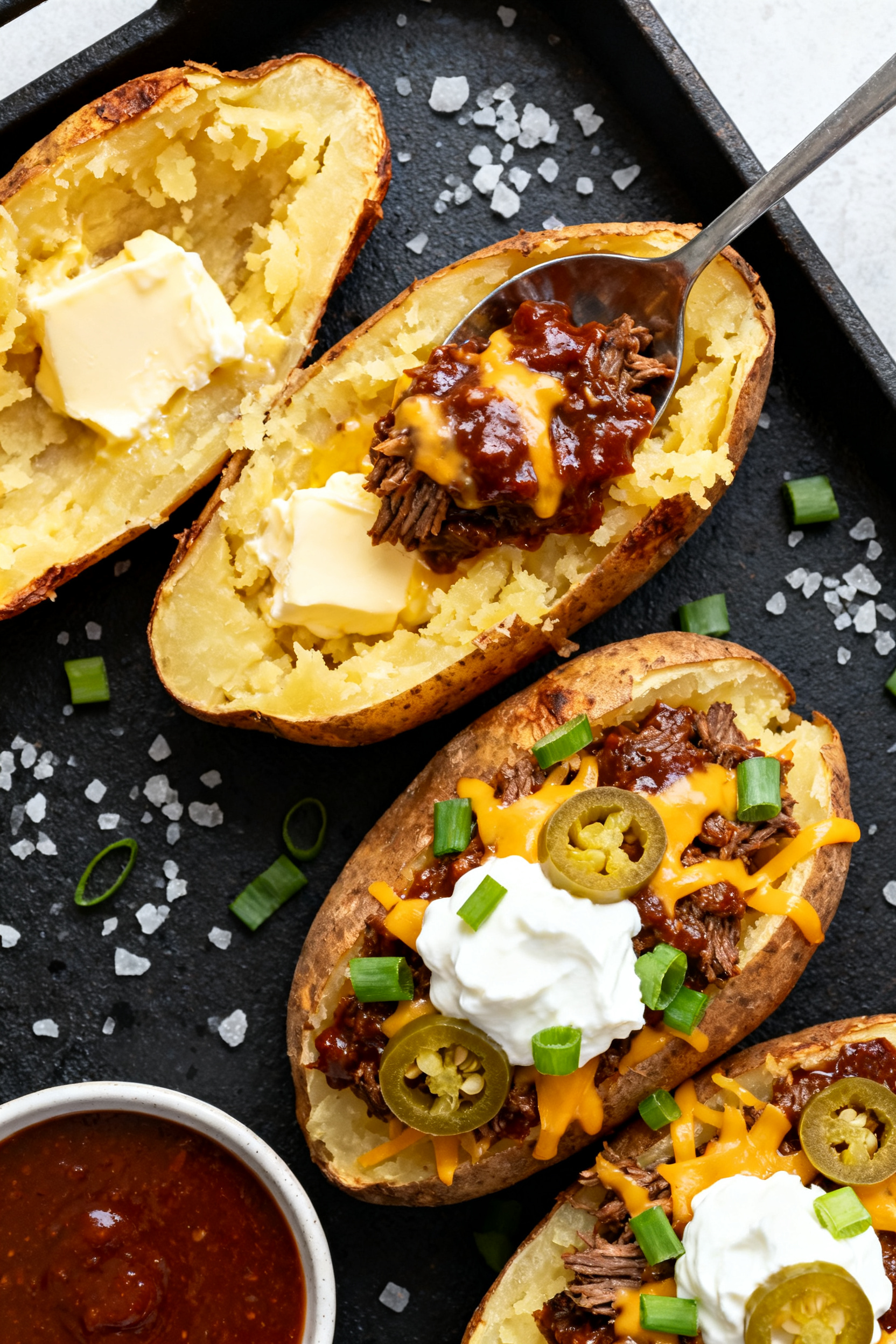 Leftover Ground Beef Recipes — BBQ Beef 3 New Dinners - Simple, Flavor-Packed Ideas Tasty top view: Overhead shot of Loaded BBQ Beef Baked Potatoes split and fluffed, butter melting in
