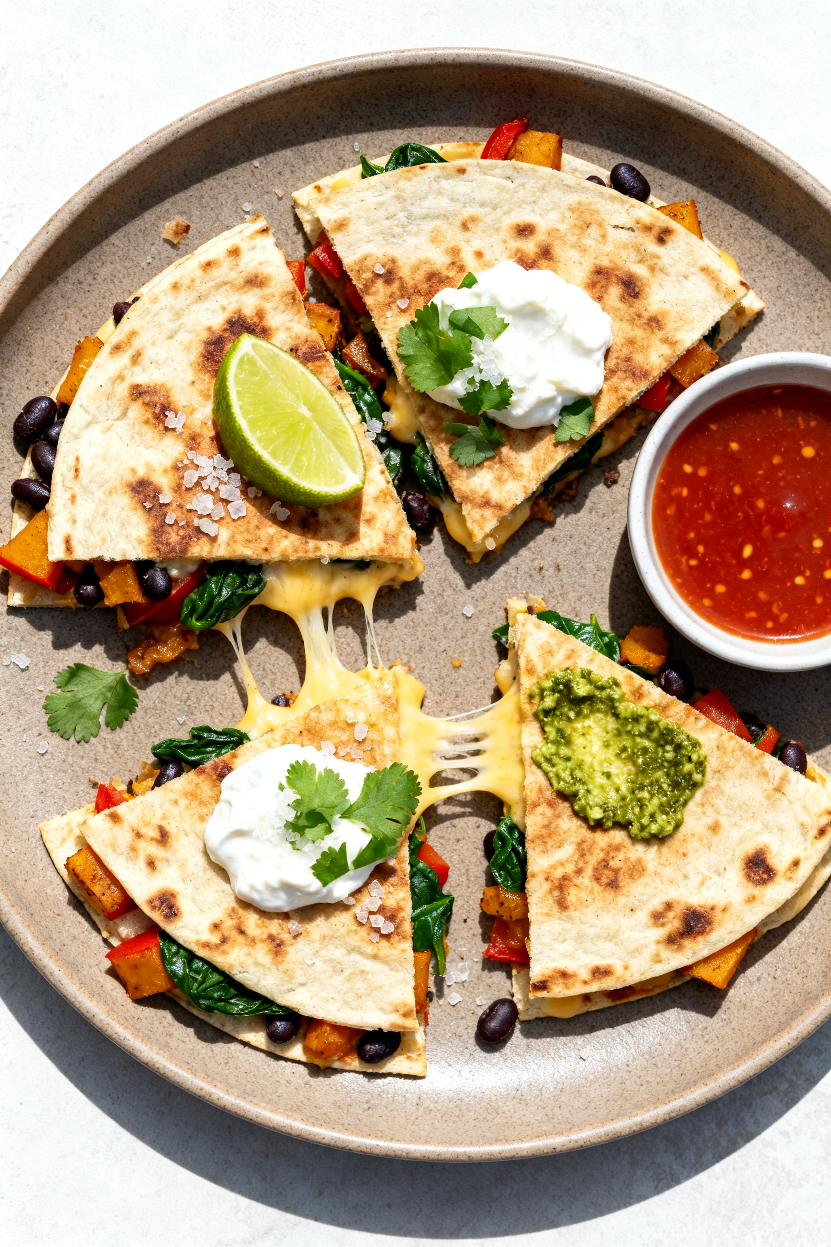 Tasty top view: Overhead shot of loaded leftover quesadillas just off the skillet, cut into neat wed