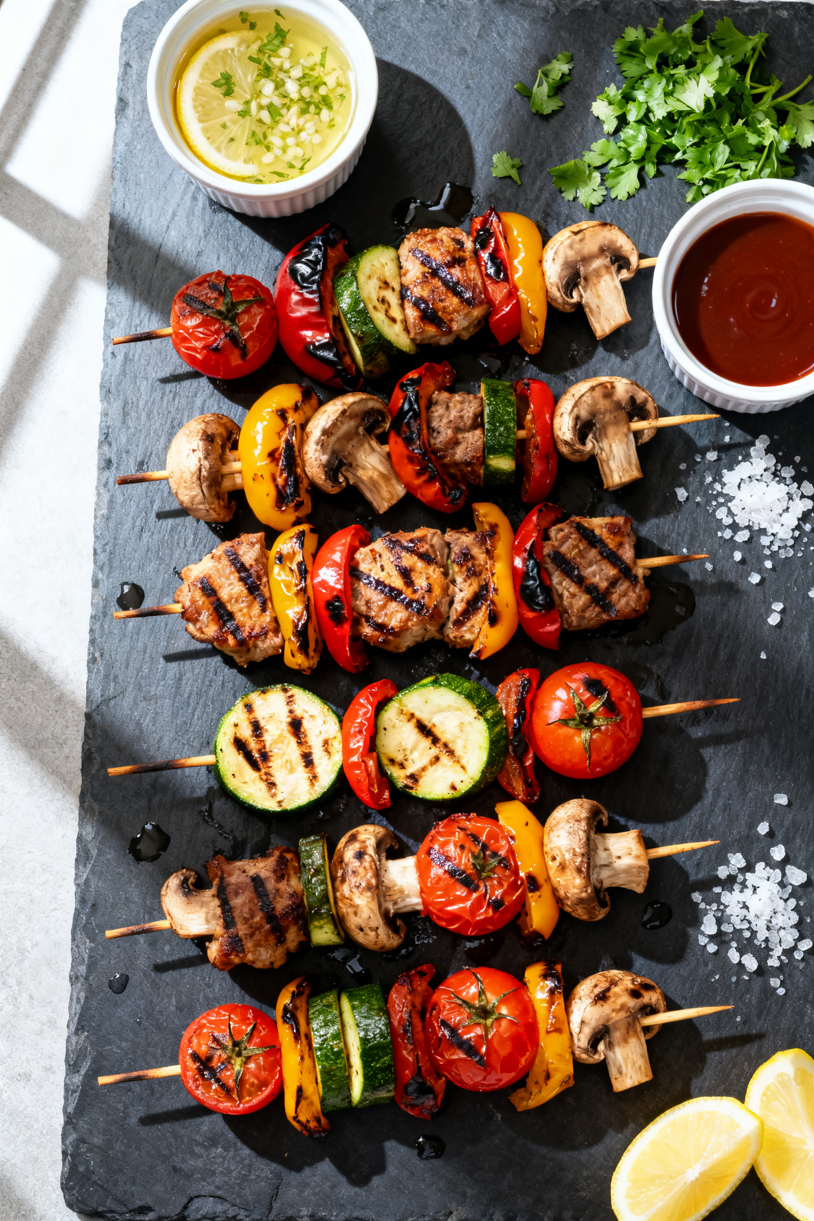 Tasty top view: Overhead shot of mixed kebabs just off the grill on a dark slate board, arranged in 
