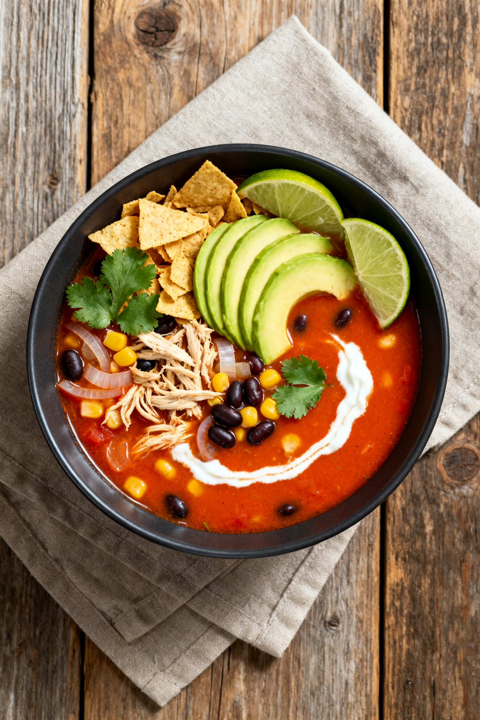 Tasty top view — Overhead shot of Quick Chicken Tortilla Soup: vibrant red-orange broth with shred
