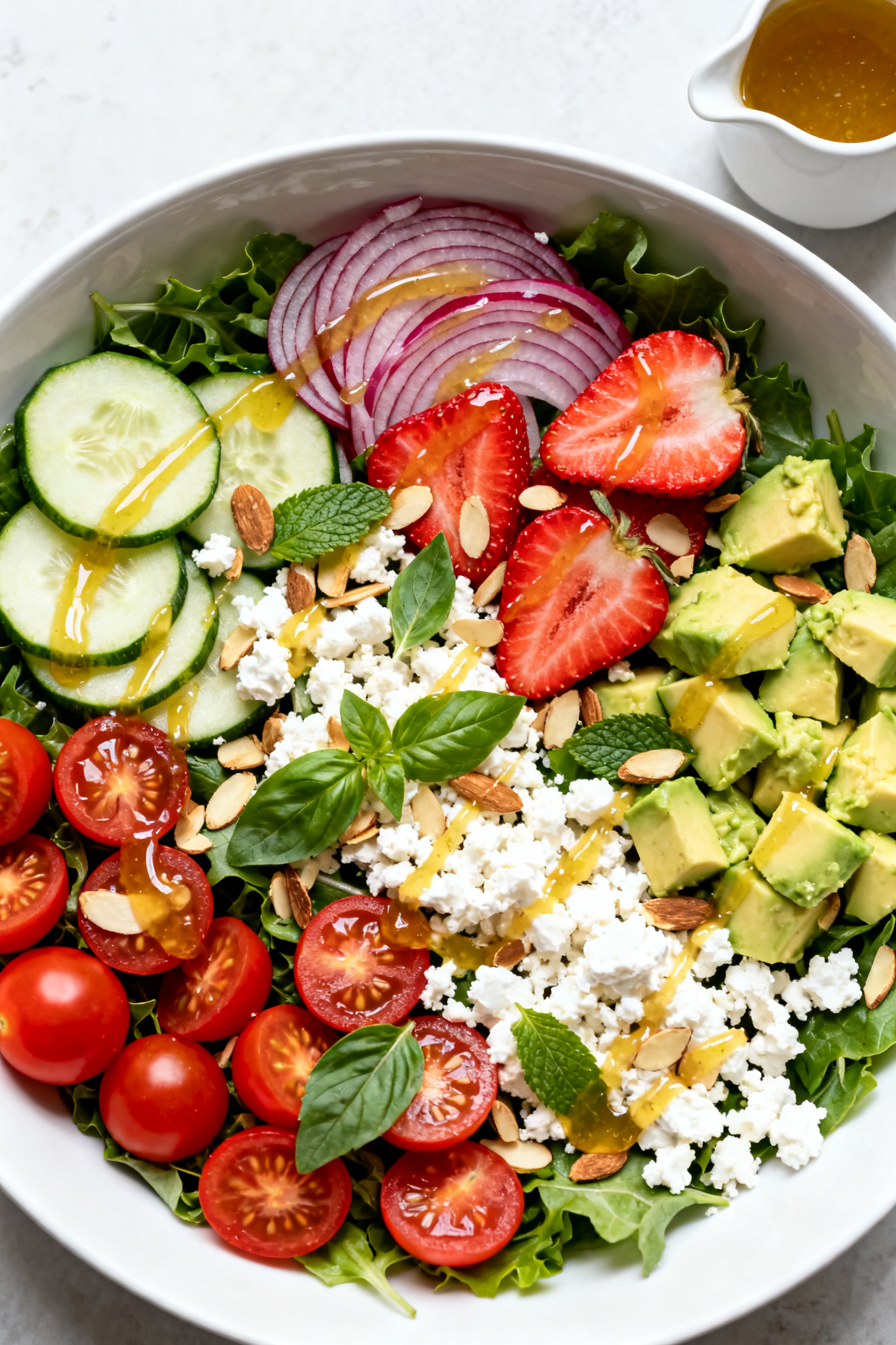 Tasty top view — Overhead shot of the assembled summer salad in a wide, shallow white serving bowl
