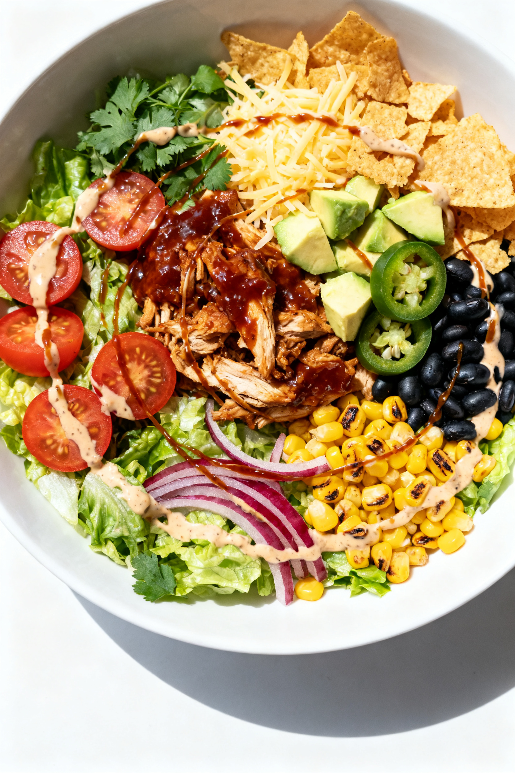 Tasty top view: Overhead shot of the assembled BBQ Chicken Salad in a wide, shallow white bowl—viv