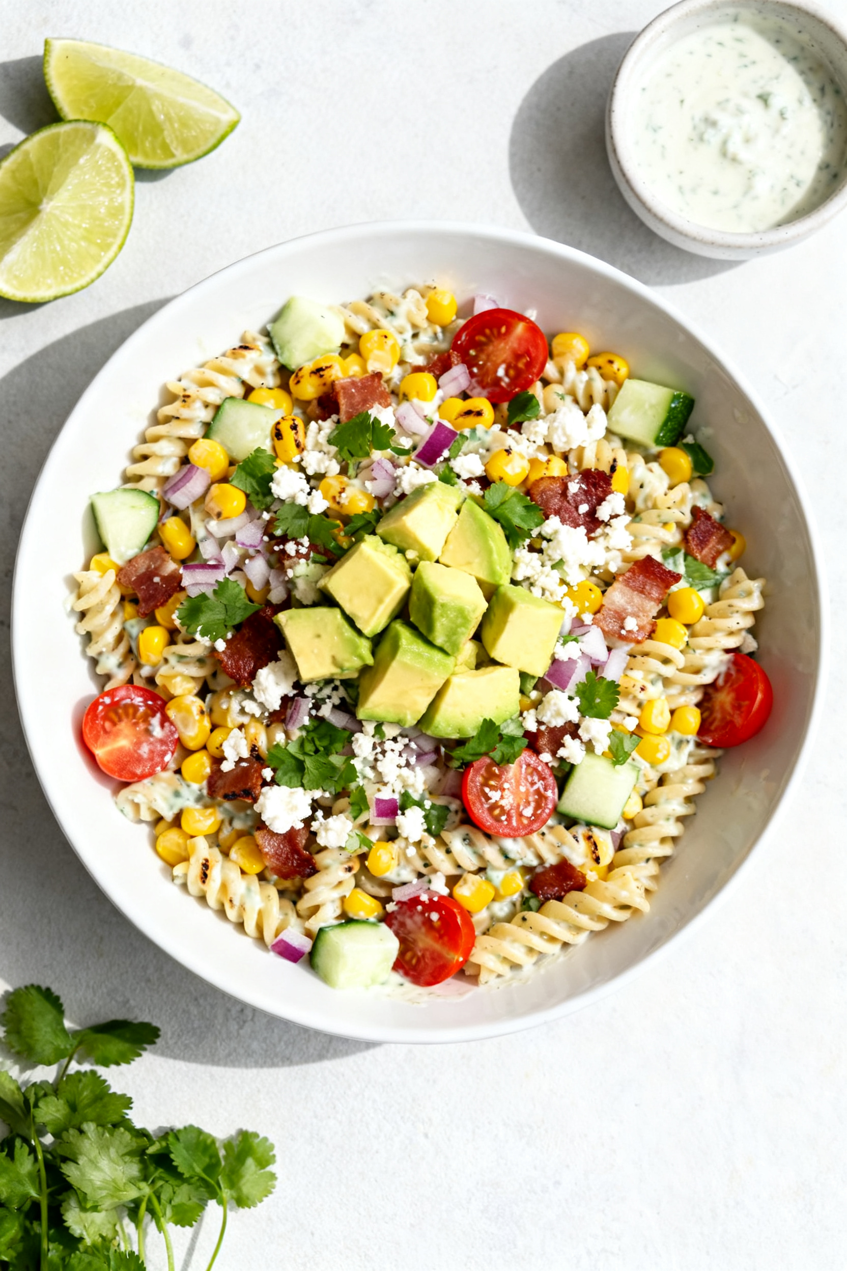 Tasty top view: Overhead shot of the assembled creamy corn, bacon, and avocado pasta salad in a wide