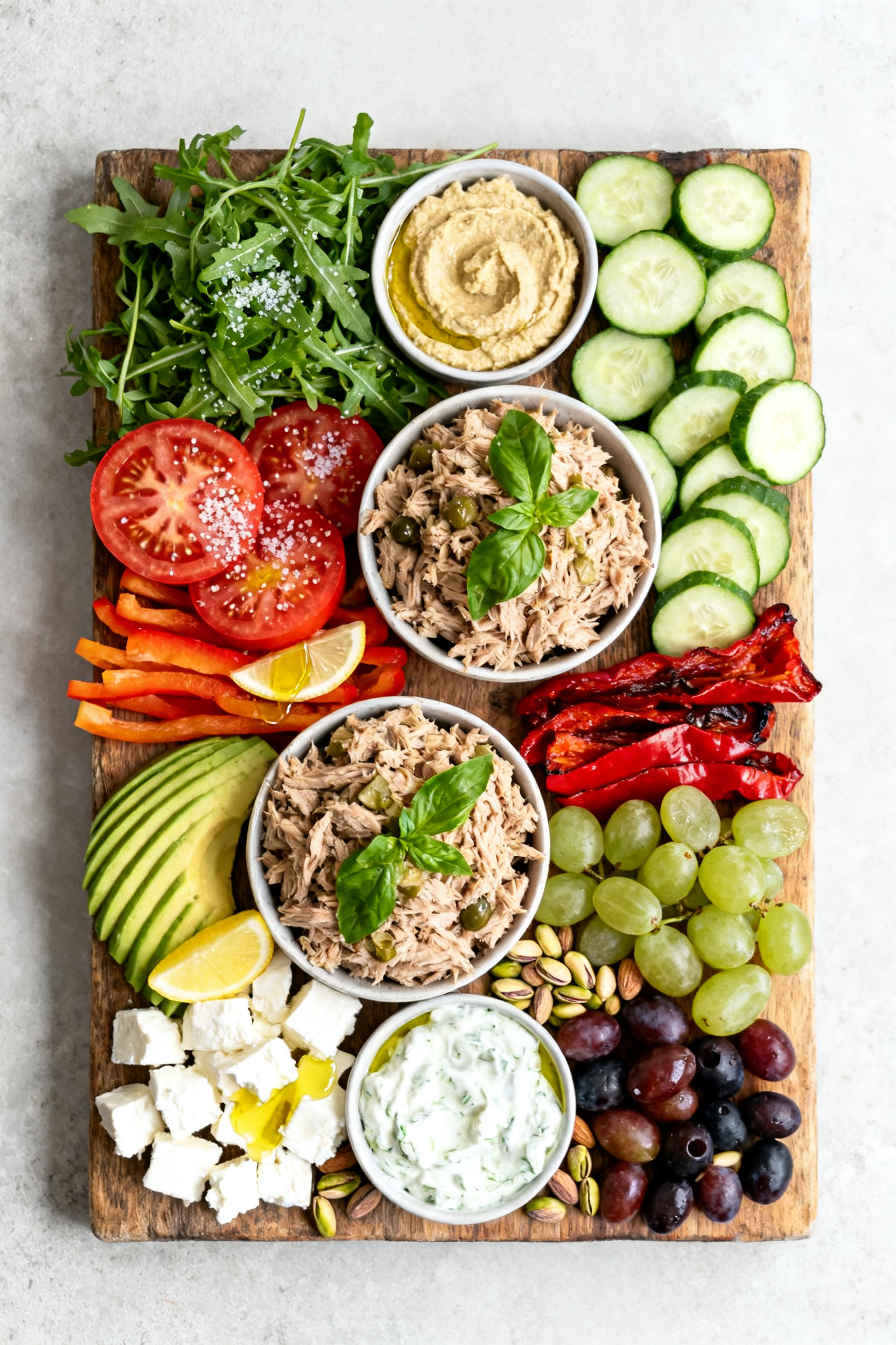 Tasty top view: Overhead shot of the assembled no-cook summer dinner platter for four—dressed arug