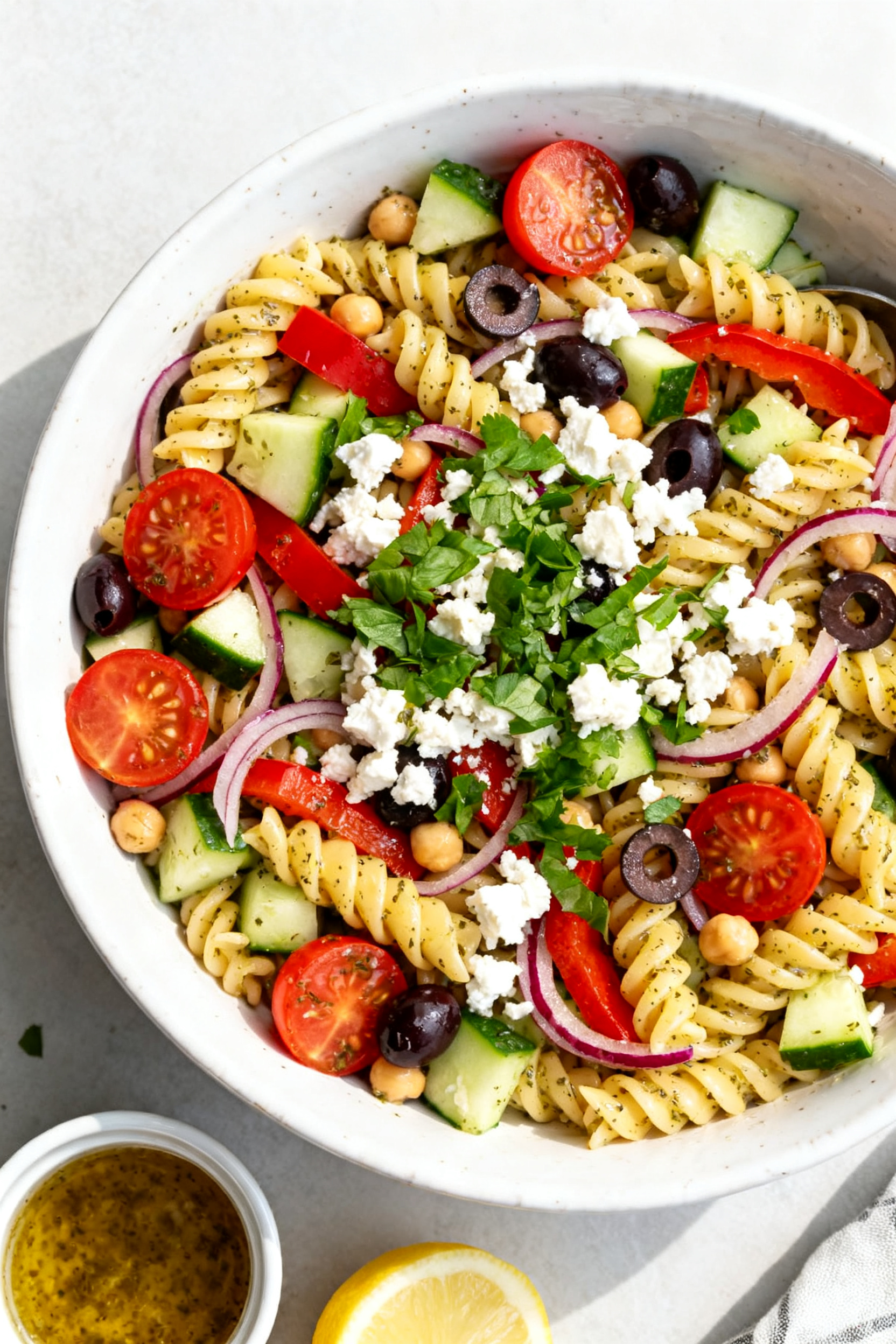 Summer Pasta Salad — No One Believes How Easy This Is Tasty top view: Overhead shot of the assembled Summer Pasta Salad in a large white ceramic serving b