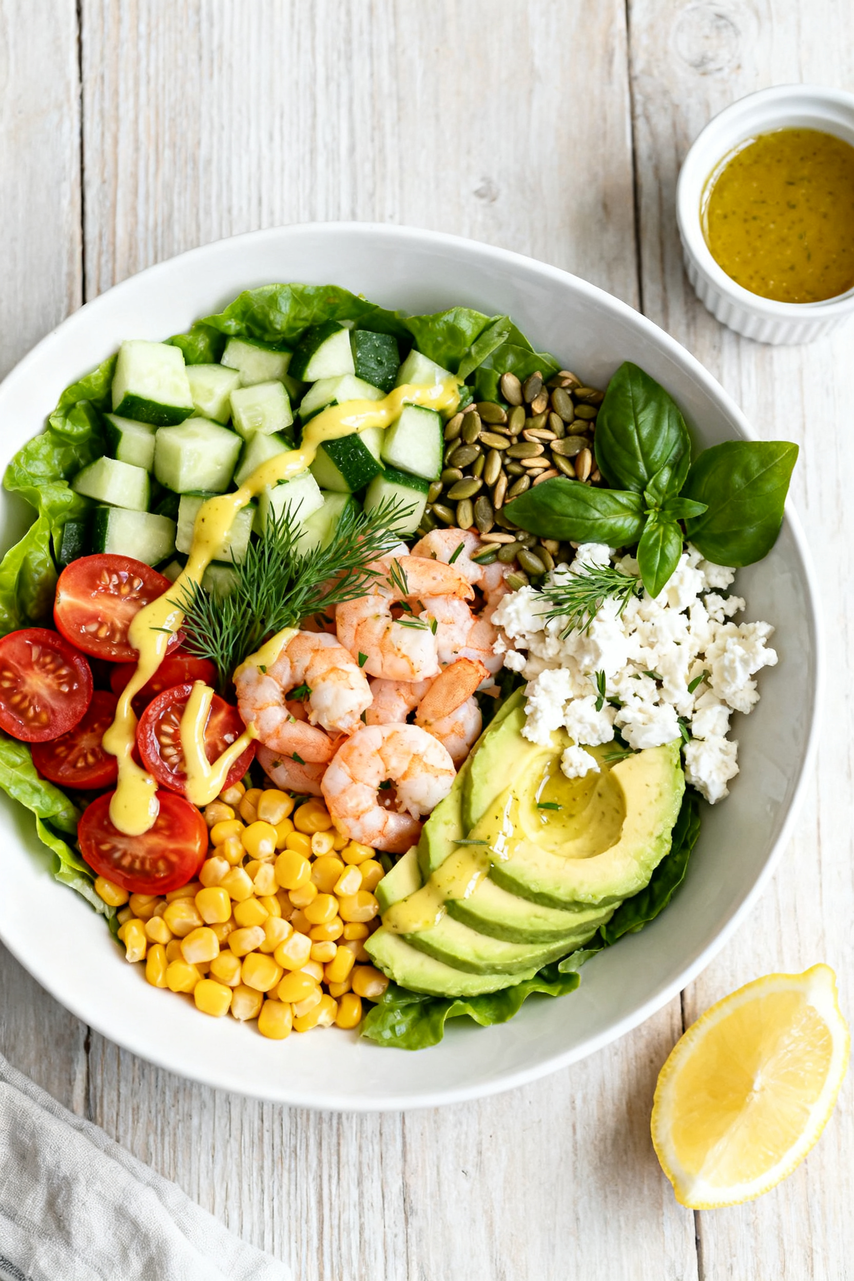 Summer Dinner — Leftover Shrimp Best Bowl in 15 Minutes - Fast, Fresh, and Flavor-Packed Tasty top view: Overhead shot of the assembled Summer Leftover Shrimp Bowl—cool greens layered wit