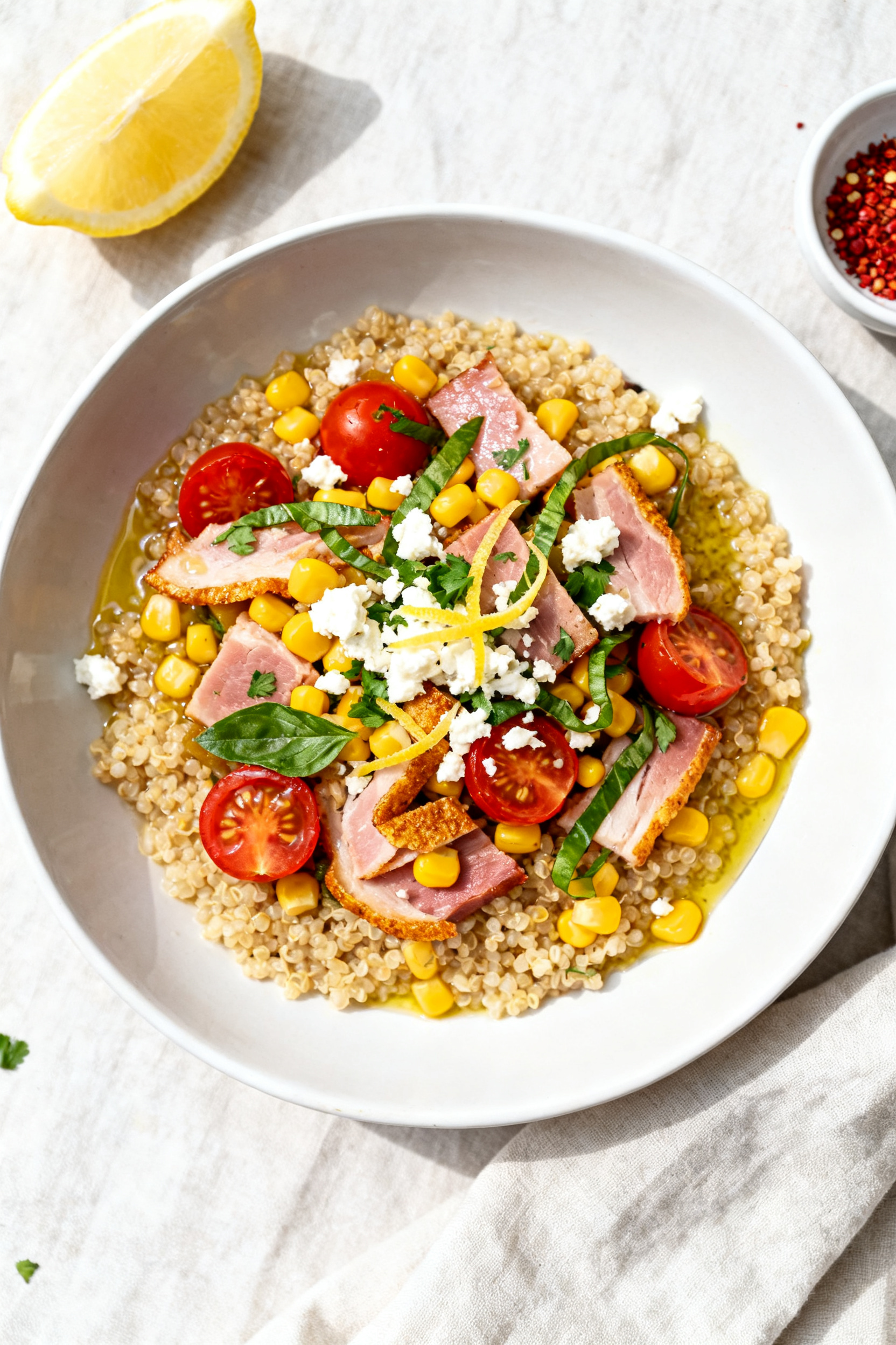 Tasty top view — Overhead shot of the finished ham-and-vegetable mix spooned over warm quinoa: bri