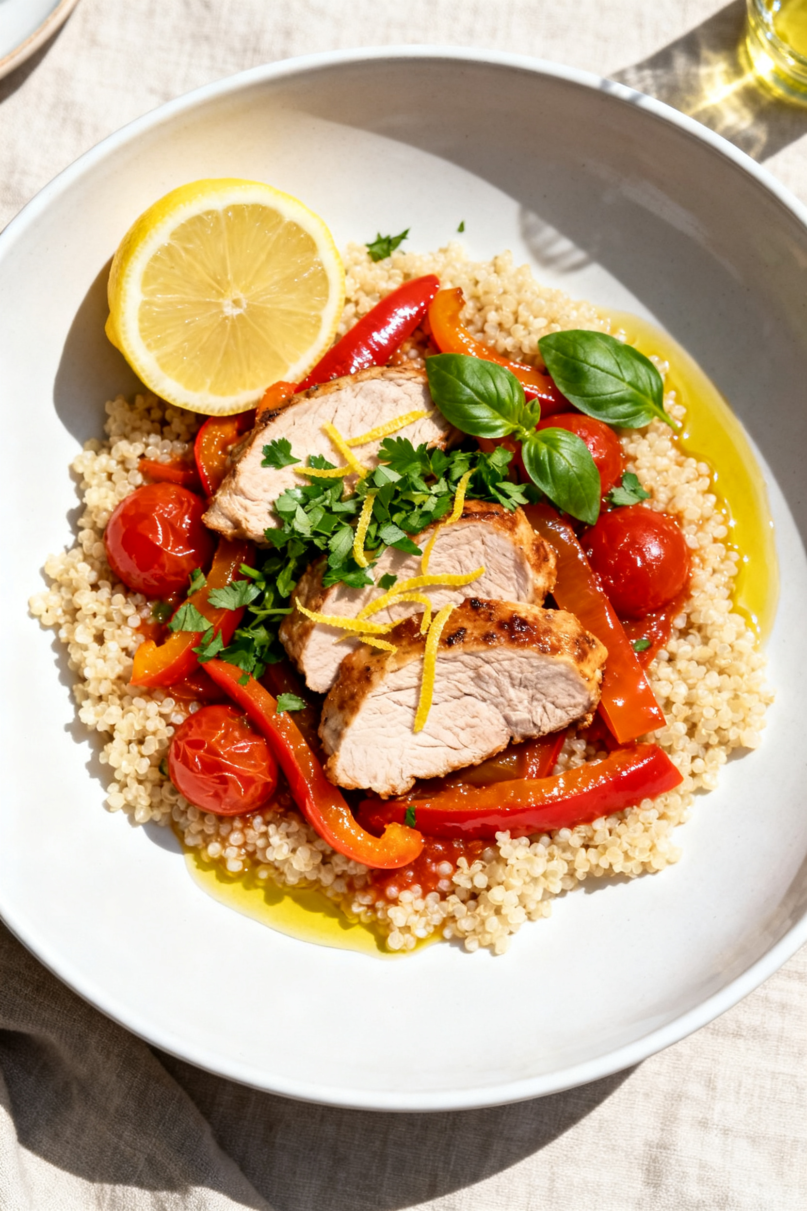 Summer Dinner Recipes — Leftover Pork Loin One Pan Done - Fast, Fresh, And Flavorful Tasty top view: Overhead shot of the finished leftover pork loin and summer vegetables spooned over