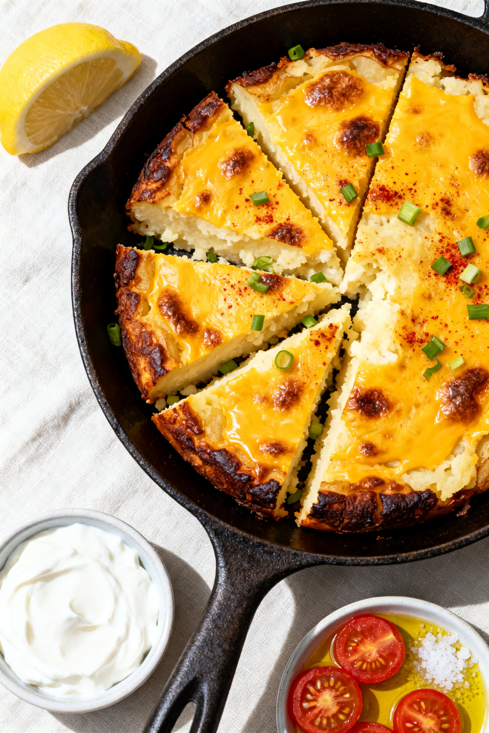 Tasty top view: Overhead shot of the finished mashed potato skillet bake cut into neat wedges, gloss