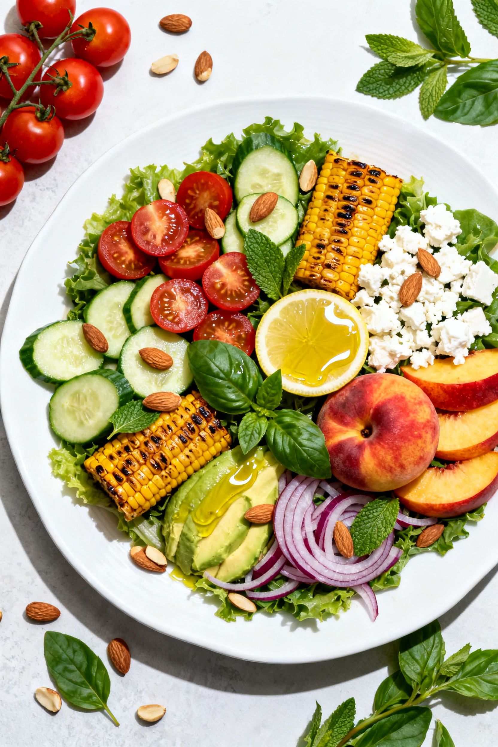 Summer Recipes — This Is Peak Summer Eating - Bright, Fresh, and Easy Tasty top view: Overhead shot of the finished peak-summer salad mounded on a wide white platter—vi