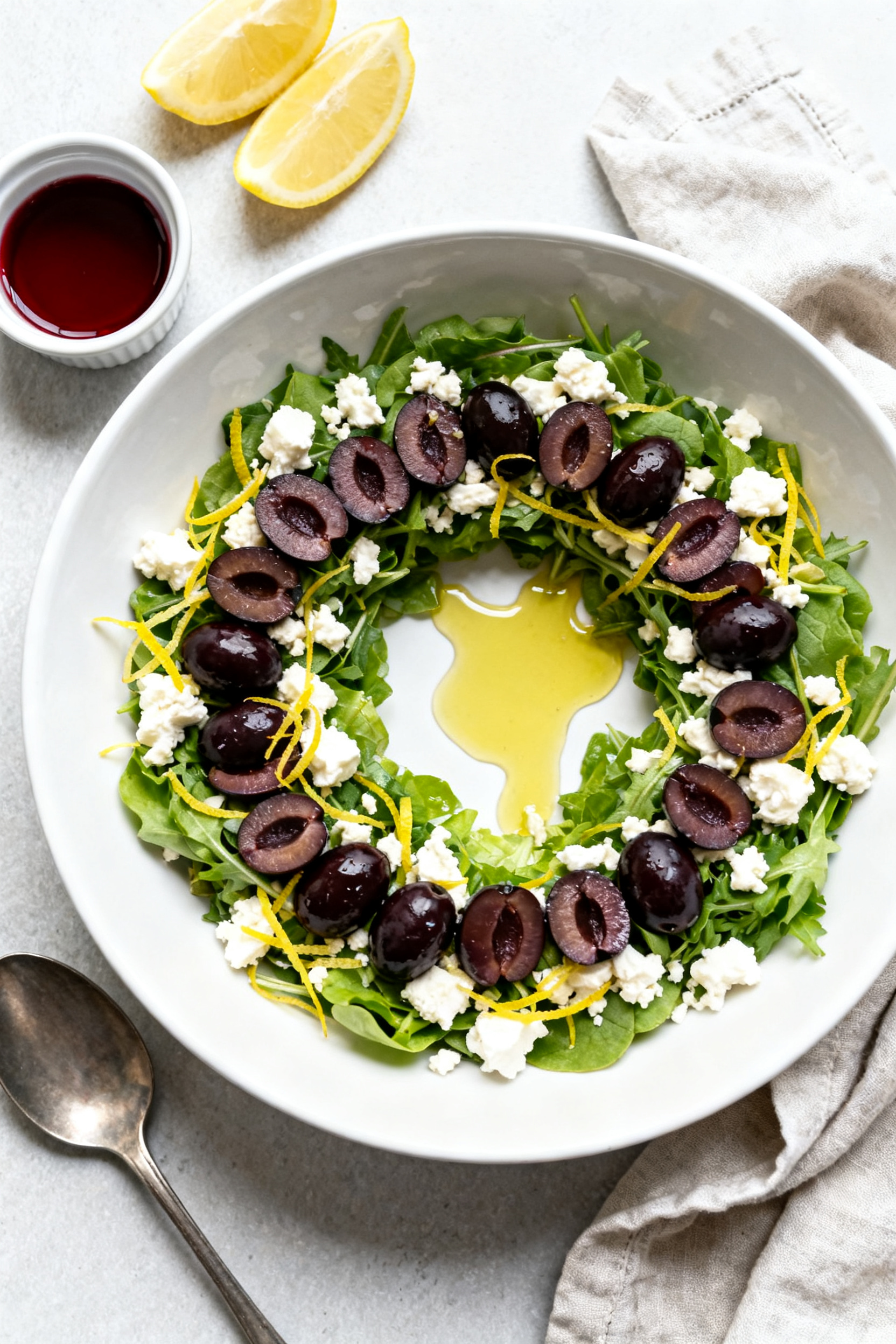 Tasty top view: Overhead shot of the finished salad piled into a wide, low white serving bowl, with 