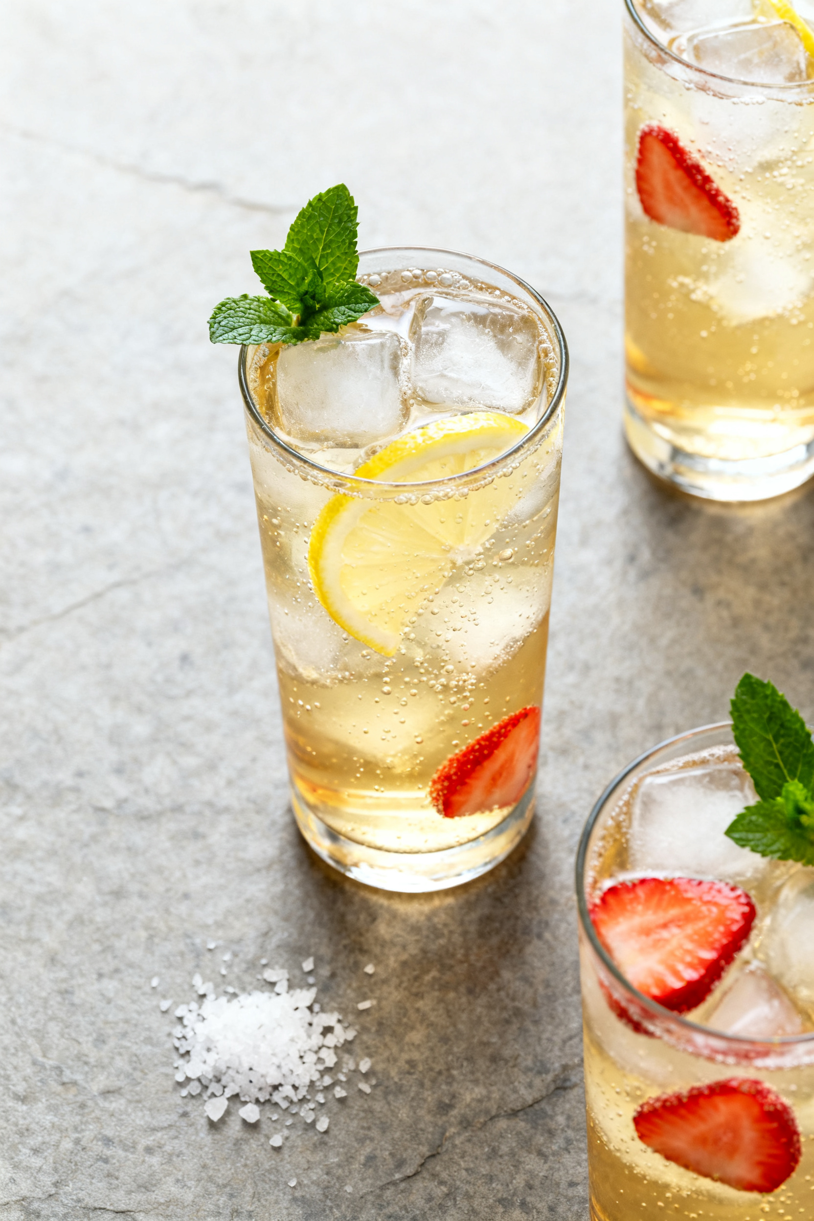 Tasty top view: Overhead shot of the finished sparkling tea-lemon refresher in a tall highball, pale