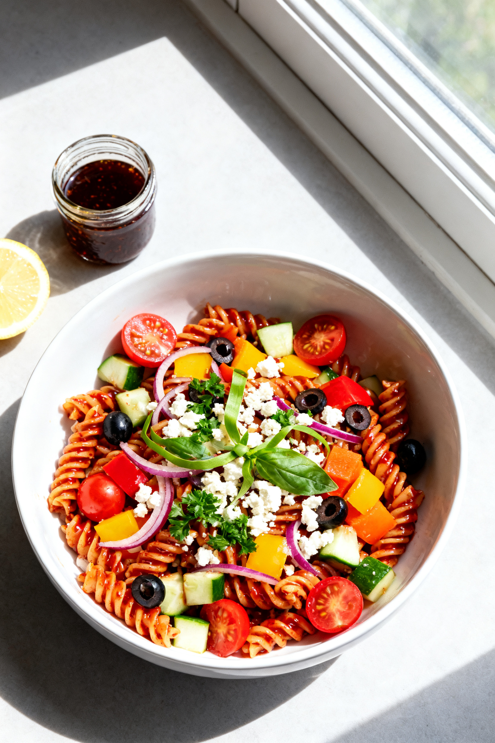 Tasty top view: Overhead shot of the finished Summer BBQ pasta salad in a wide white ceramic bowl—
