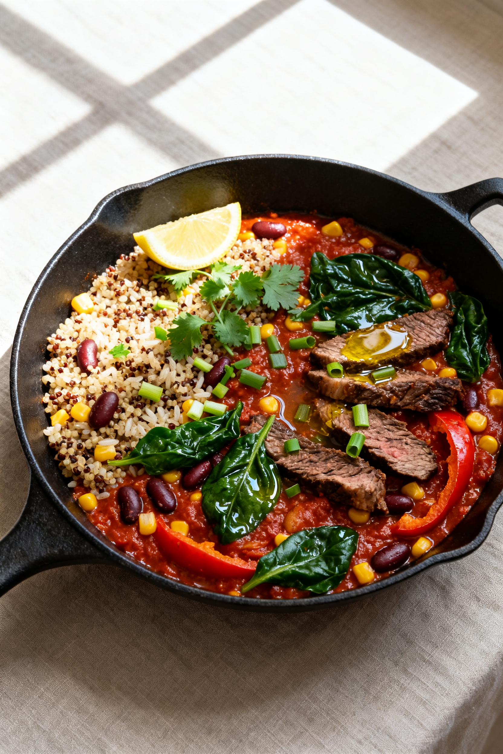 Leftover Recipes — One Last Portion, One Full Meal - Turn Scraps Into Something Satisfying Tasty top view: Overhead shot of the finished warm, saucy skillet meal—leftover rice and quinoa gr