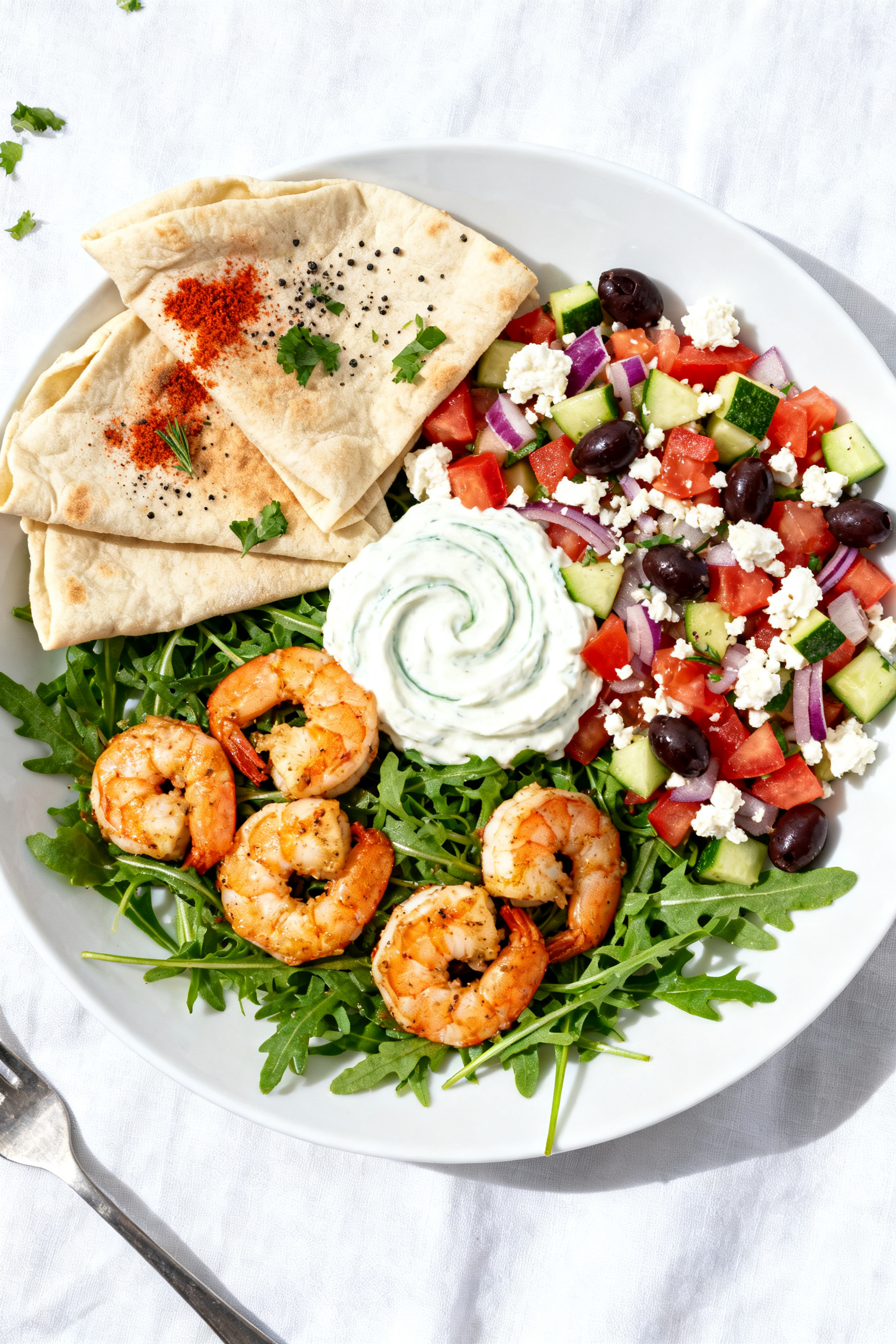 Tasty top view: Overhead shot of the full plated summer dinner—bed of baby arugula topped with zes