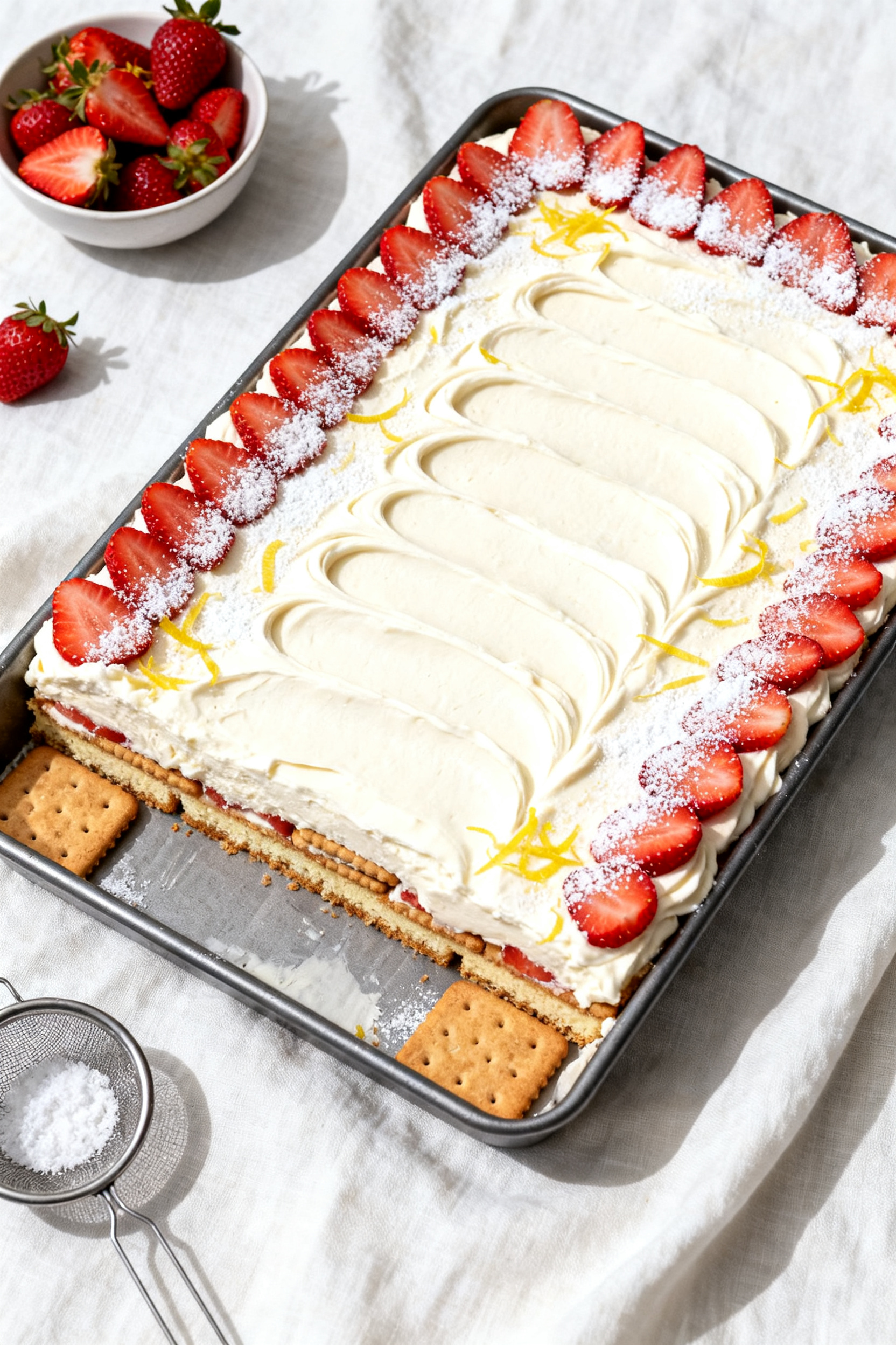 Summer Desserts — The Dessert Everyone Takes Seconds Of - No-Bake Strawberry Icebox Cake Tasty top view: Overhead shot of the fully assembled and smoothed icebox cake just before chilling,