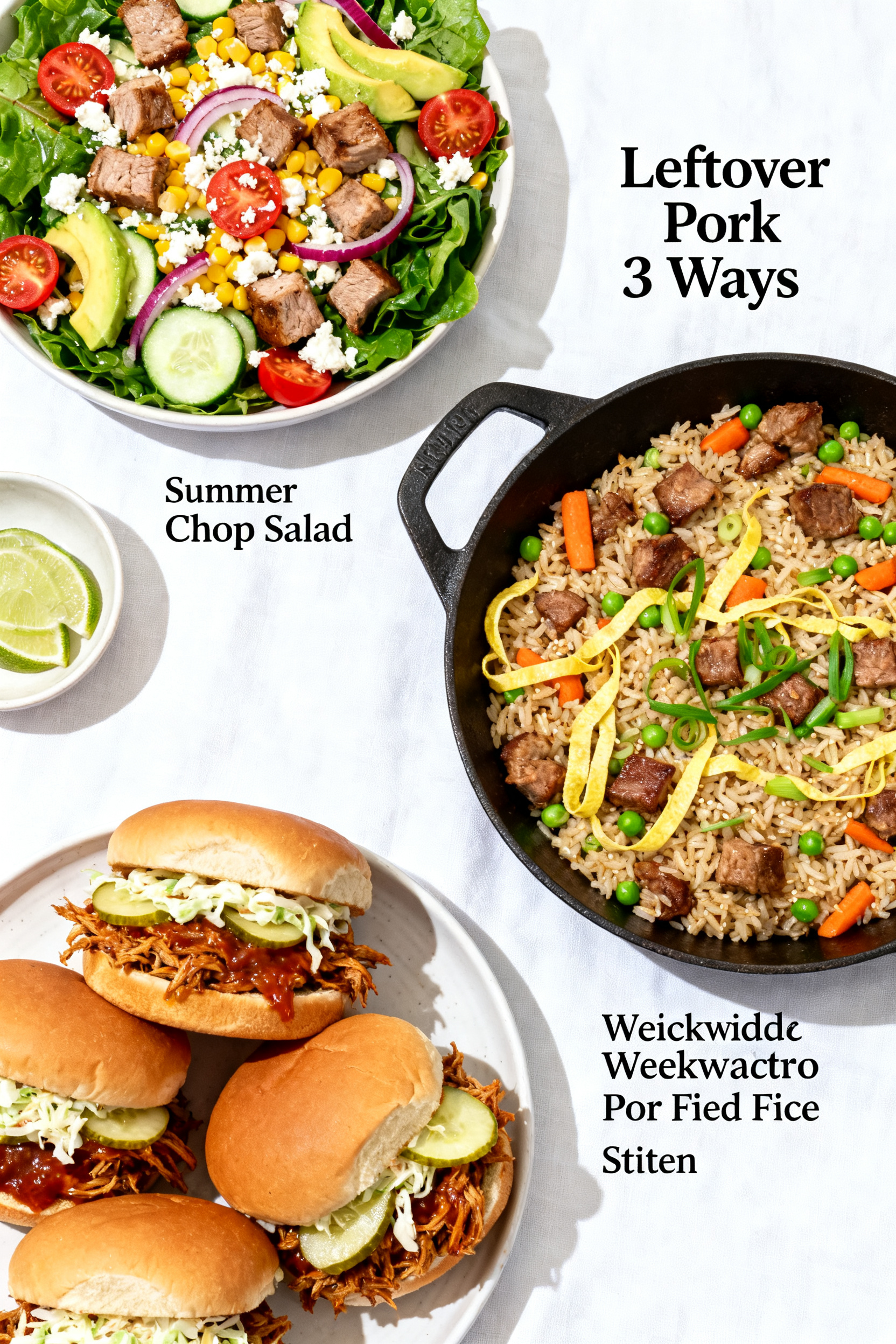 Tasty top view — Overhead shot of the “Leftover Pork 3 Ways” spread: a vibrant Summer Chop Sal
