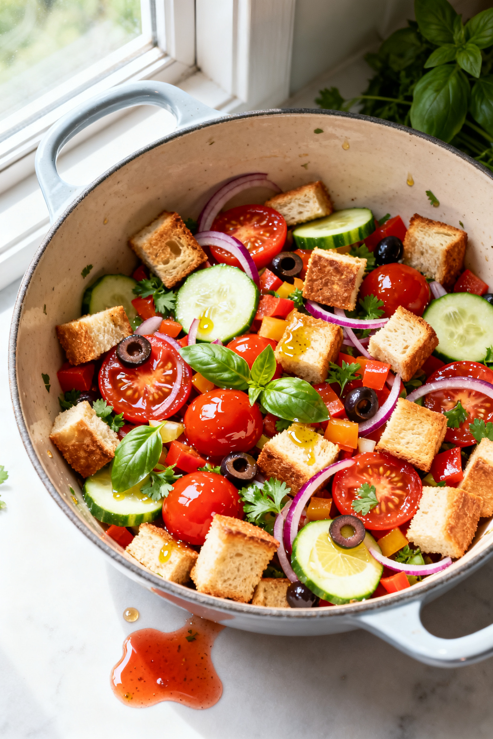 Tasty top view — Overhead shot of the panzanella just after tossing: glossy toasted bread cubes fo