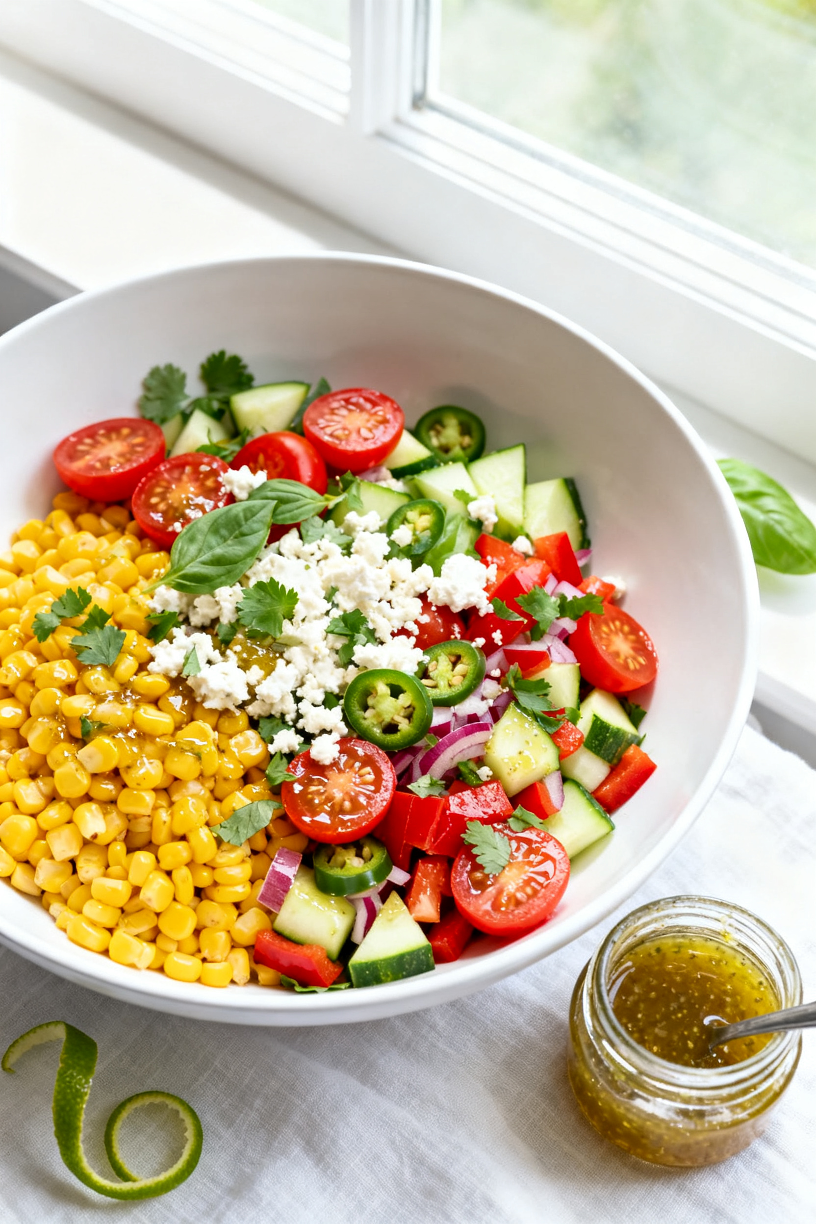 Summer Potluck Recipes — The Potluck Winner Every Time Tasty top view: Overhead shot of the Summer Corn, Tomato, and Avocado Salad just tossed with lime-ba