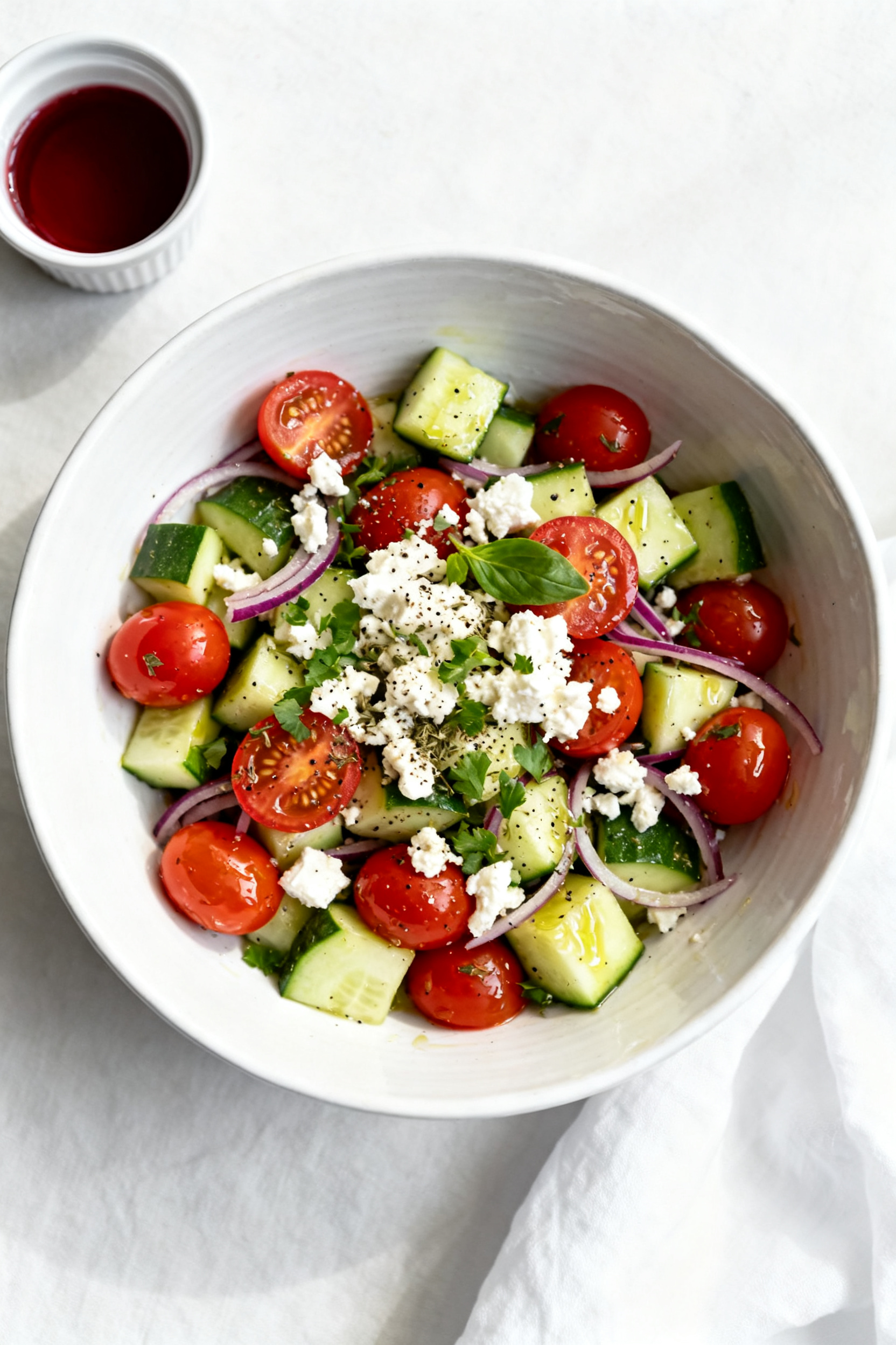 Tasty top view: Overhead shot of Tomato-Cucumber Salad with Feta in a wide white ceramic bowl—halv