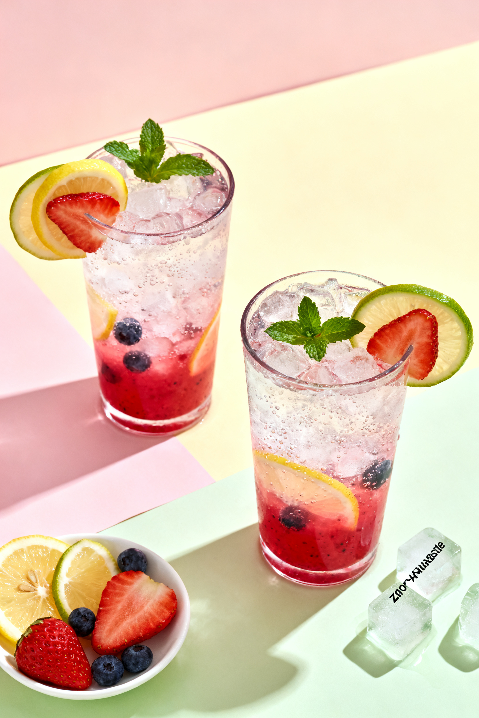 Tasty top view: Overhead shot of two highball glasses packed with crushed ice, each filled one-third