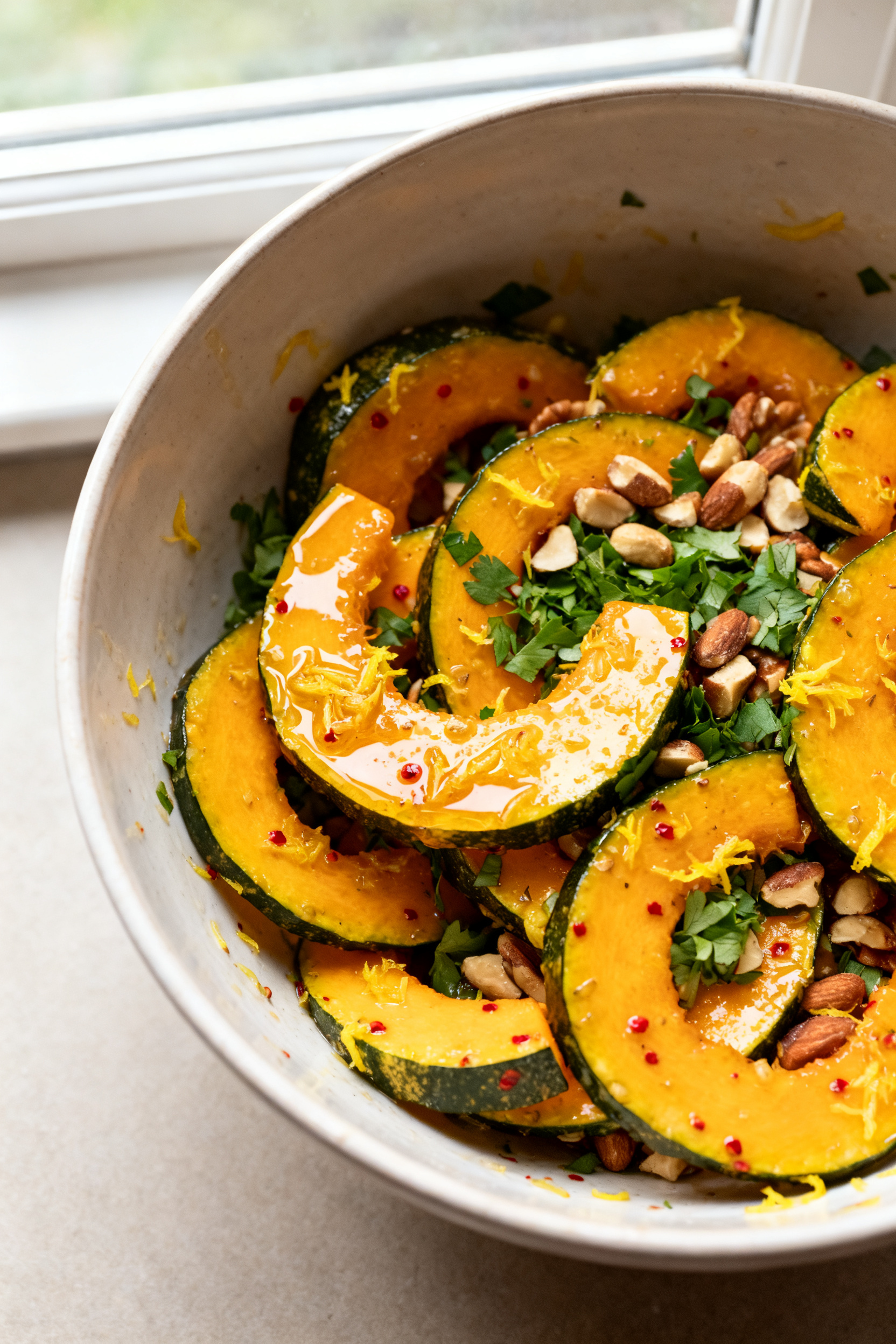 Tasty top view — Overhead tossed and glossy: Overhead shot of the dressed squash in a large mixing