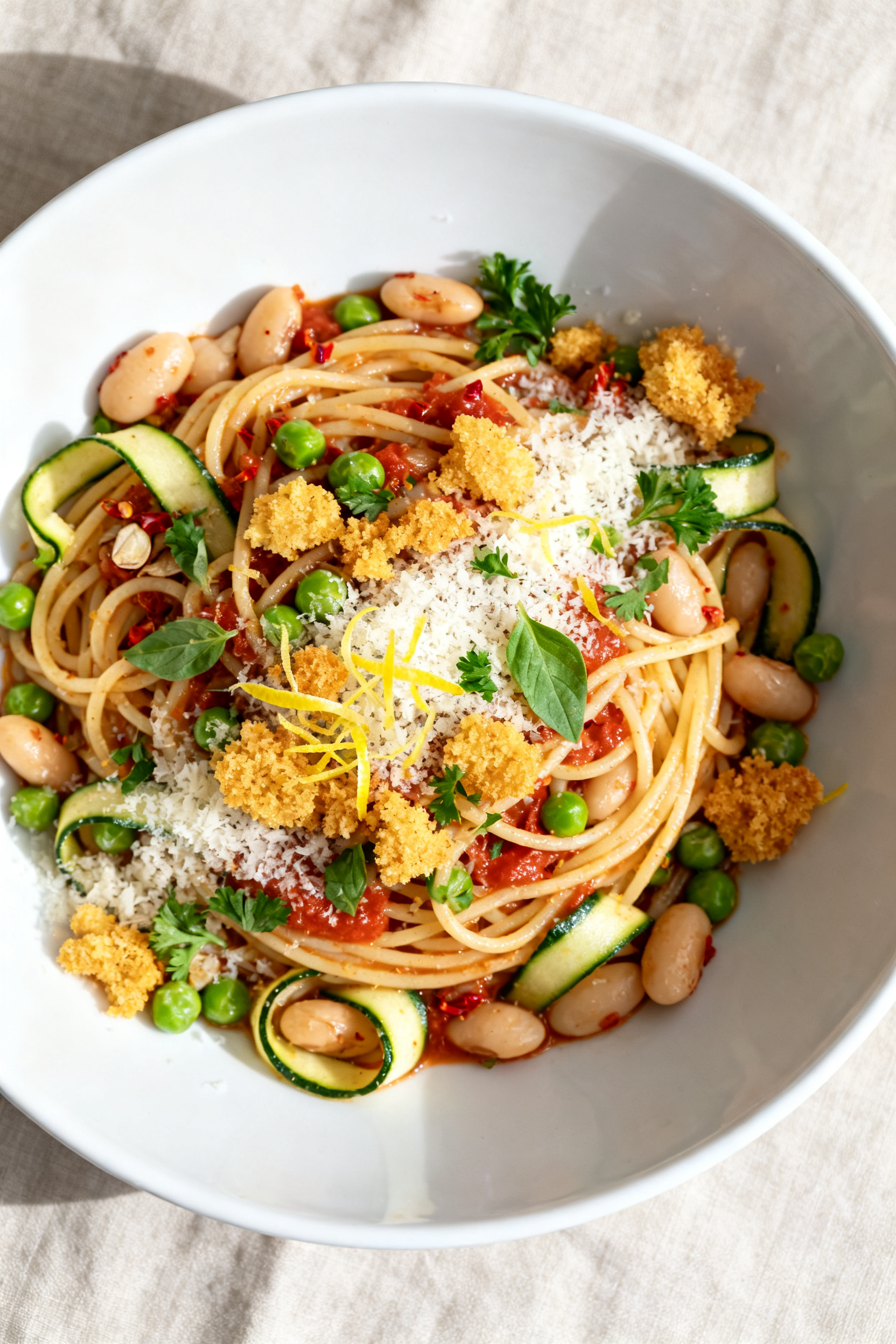 Tasty top view — Pantry Pasta with Veg and Beans: Overhead shot of al dente spaghetti tossed with 