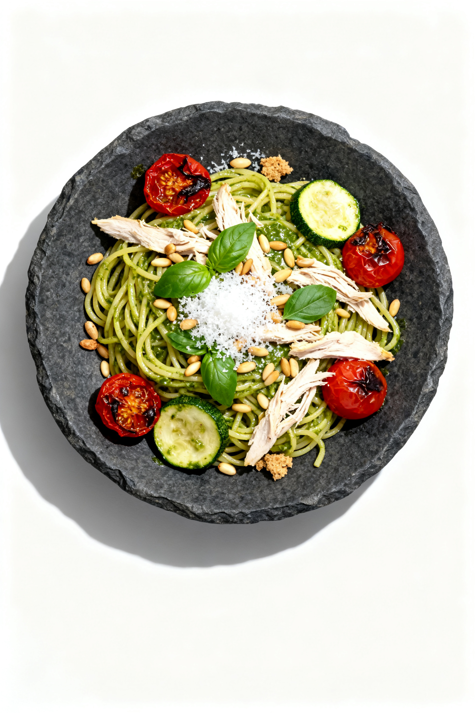 Tasty top view — Pesto pasta toss: Overhead shot of al dente pasta coated in glossy basil pesto wi