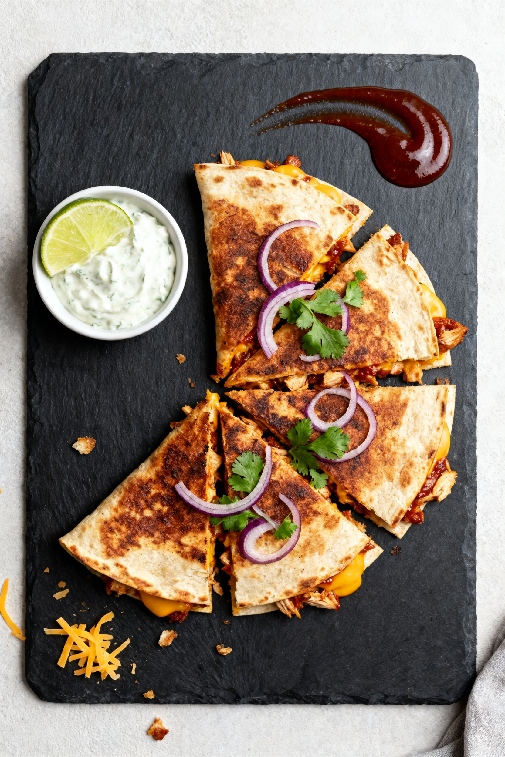 Tasty top-view plate: Overhead shot of a BBQ chicken quesadilla, pan-seared to a deep golden-brown w