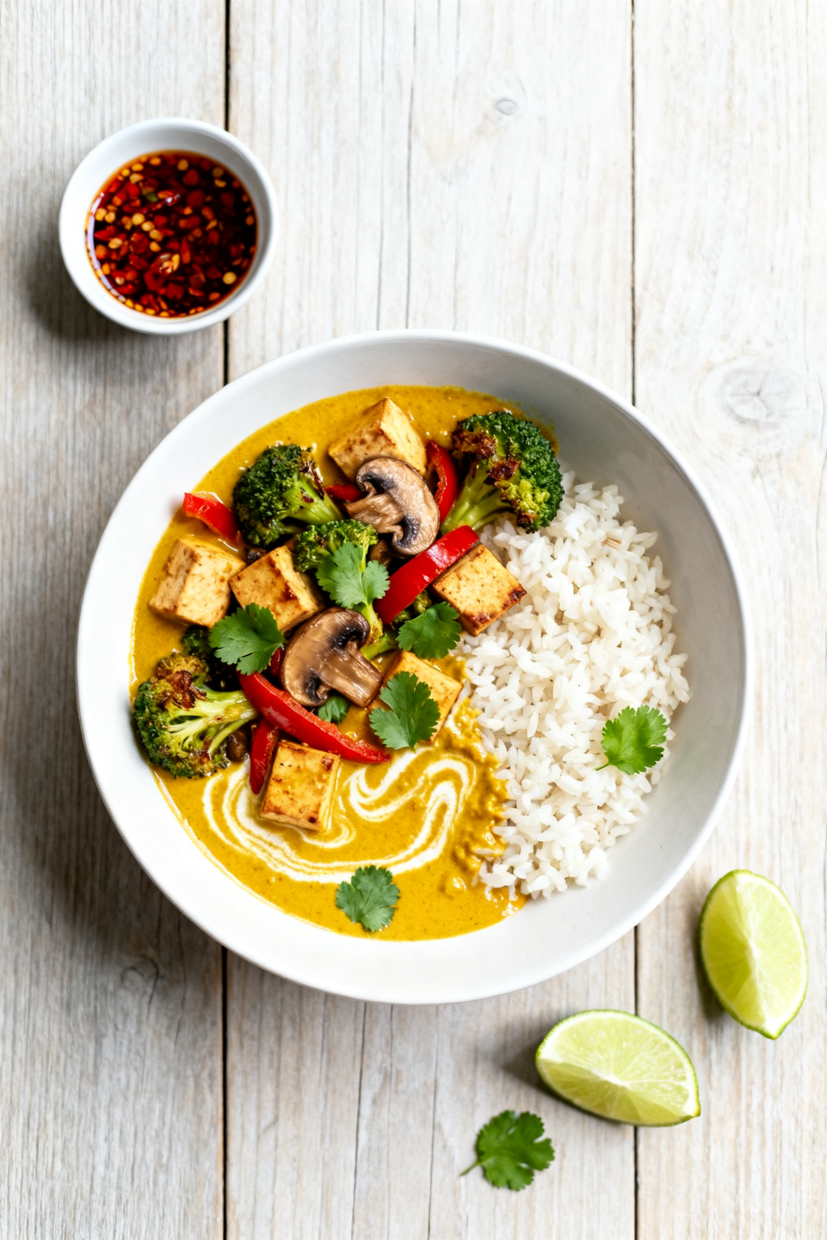 Tasty top view — Quick coconut curry bowl: overhead shot of creamy turmeric-gold curry with tender