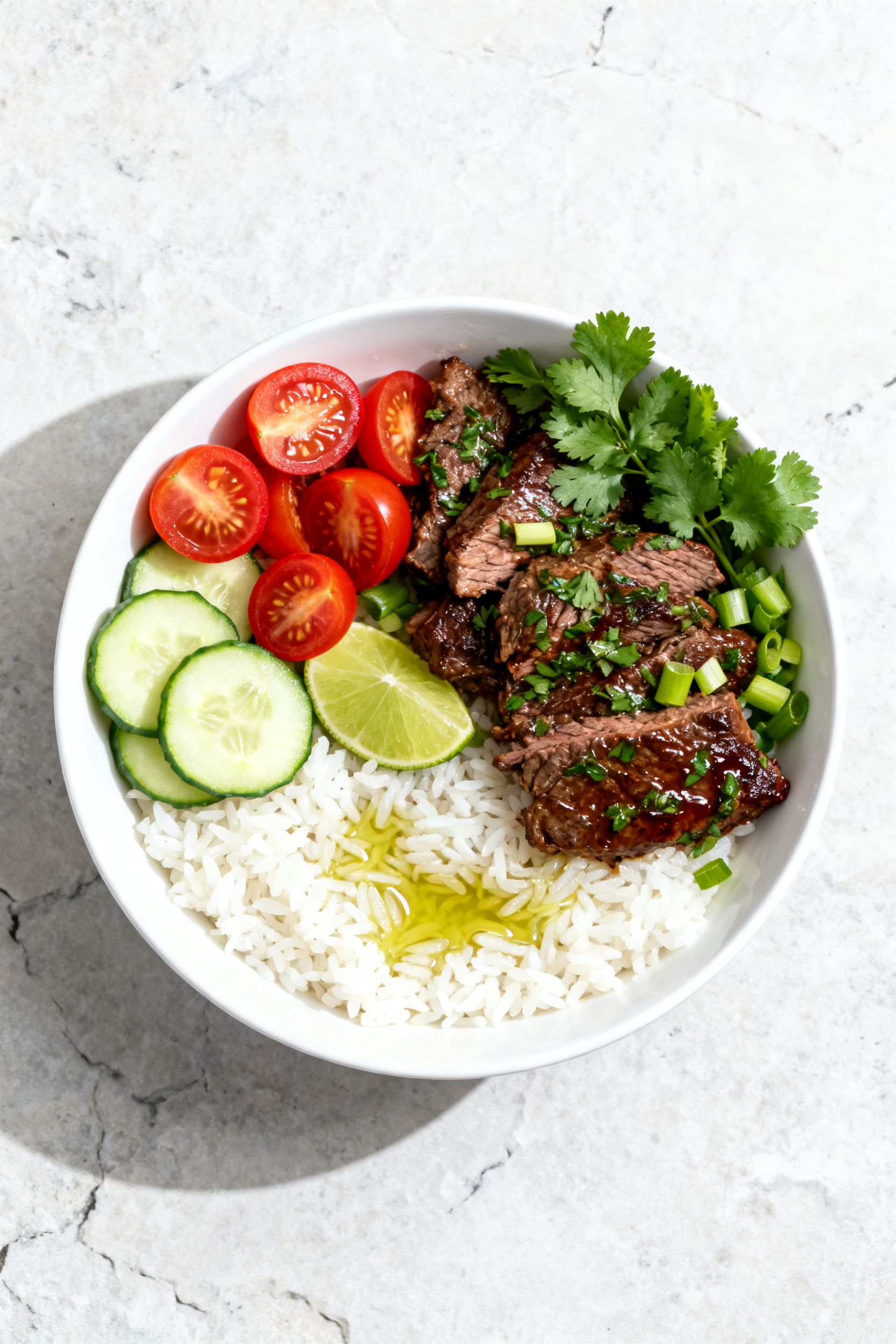 Tasty top view, rice bowl: Overhead shot of a neatly composed rice bowl topped with glossy, herb-tos