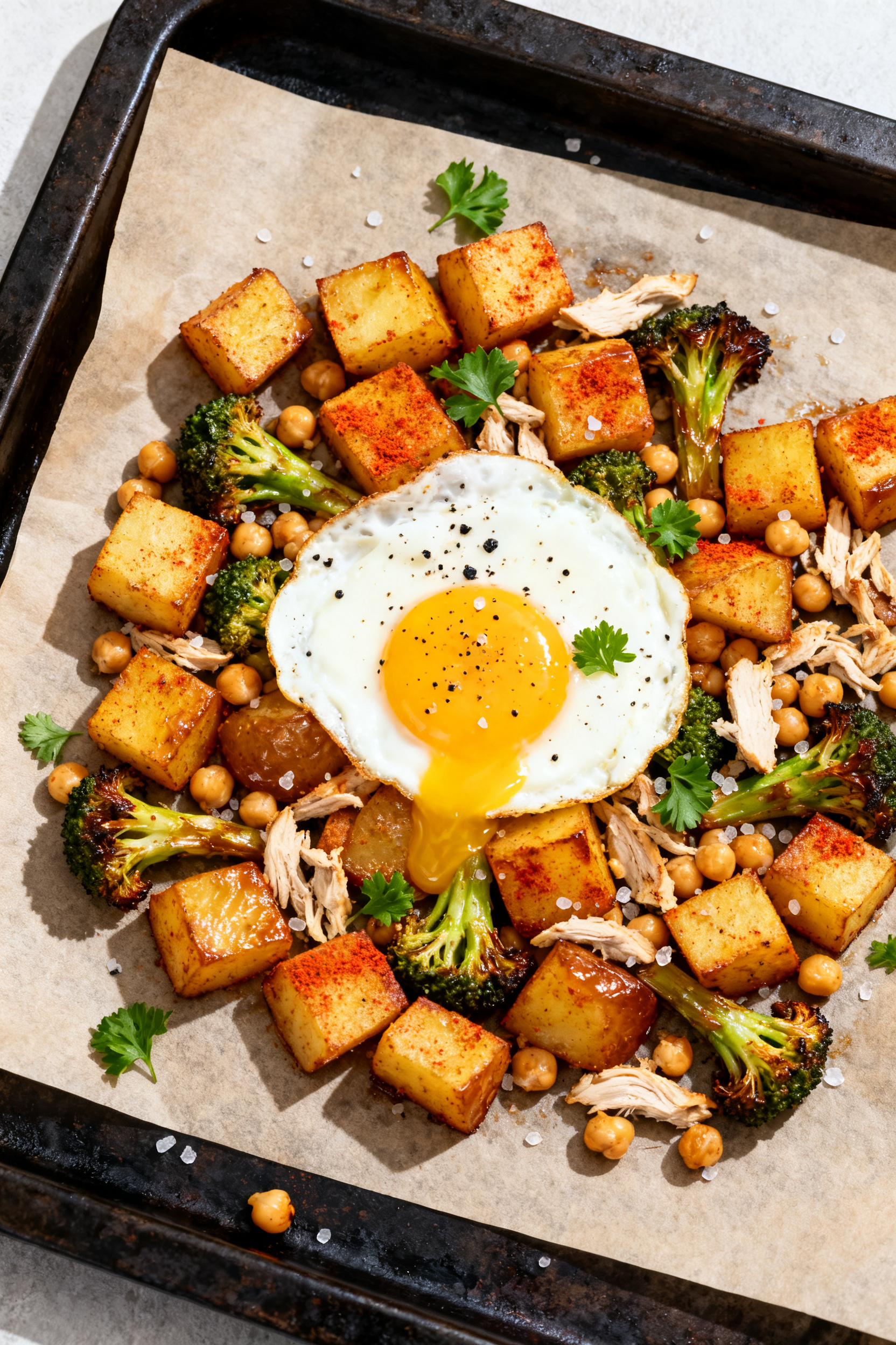Budget Leftover Recipes - Simple Ways To Turn Extras Into Dinner Tasty top view — Sheet-Pan Hash: Overhead shot of a roasted sheet-pan hash featuring golden, papri