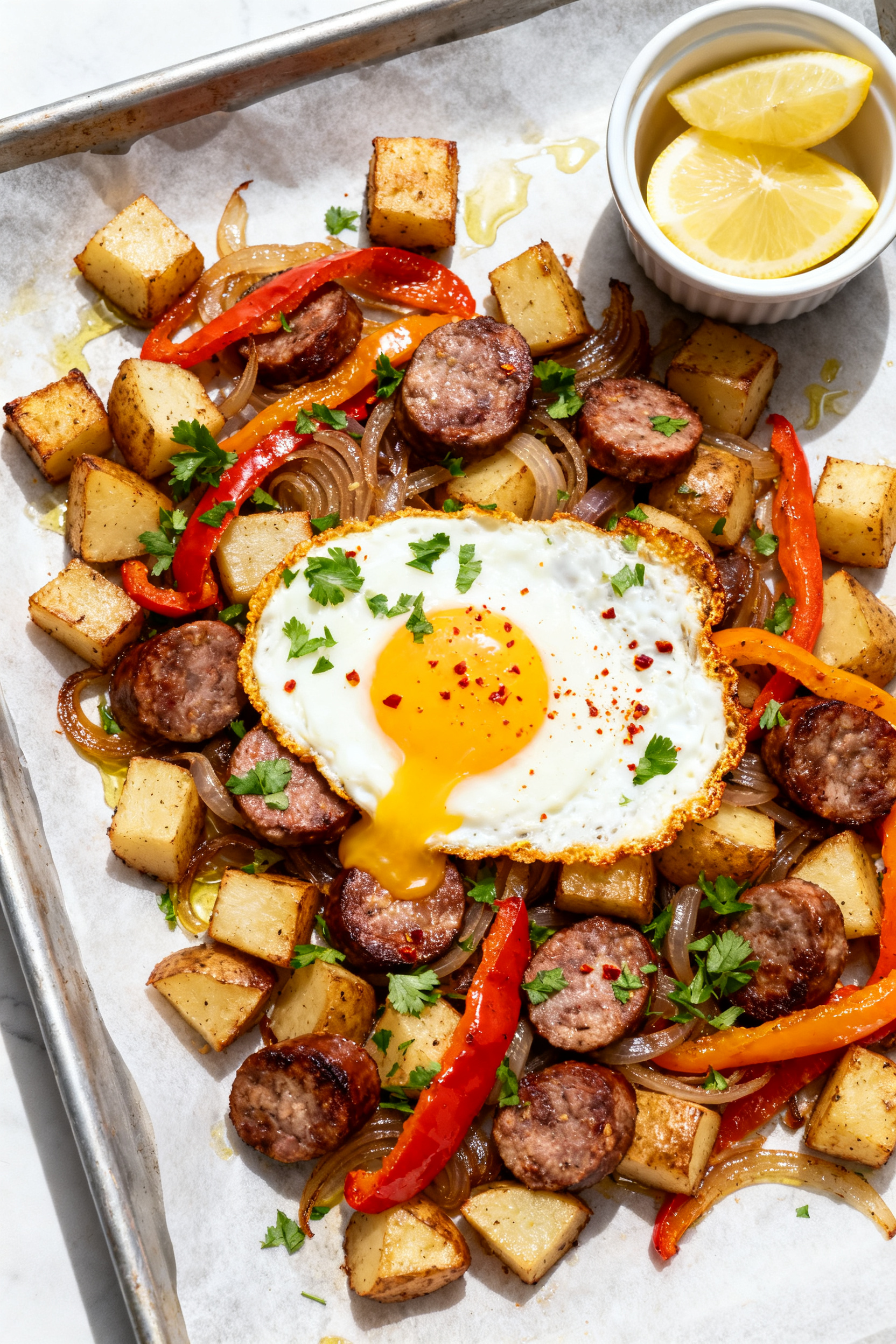 Leftover Dinner Recipes — Dinner From What's Already There - Simple Ways to Turn Extras Into a New Meal Tasty top view — Sheet-Pan Hash: Overhead shot of a re-crisped hash featuring roasted potato cubes