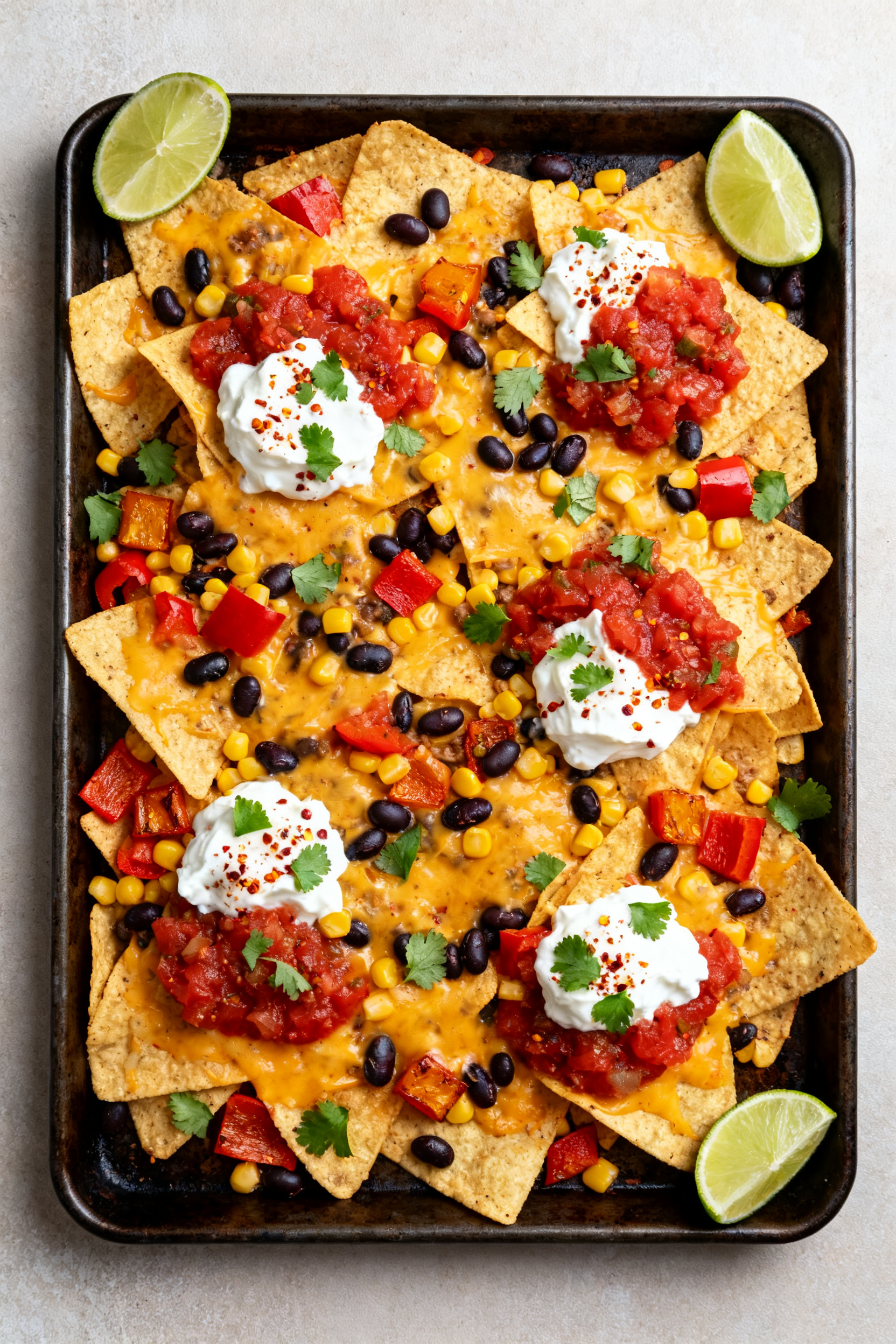 Tasty top view: Sheet-pan nachos fresh from the oven, overhead shot of bubbly melted cheddar over to