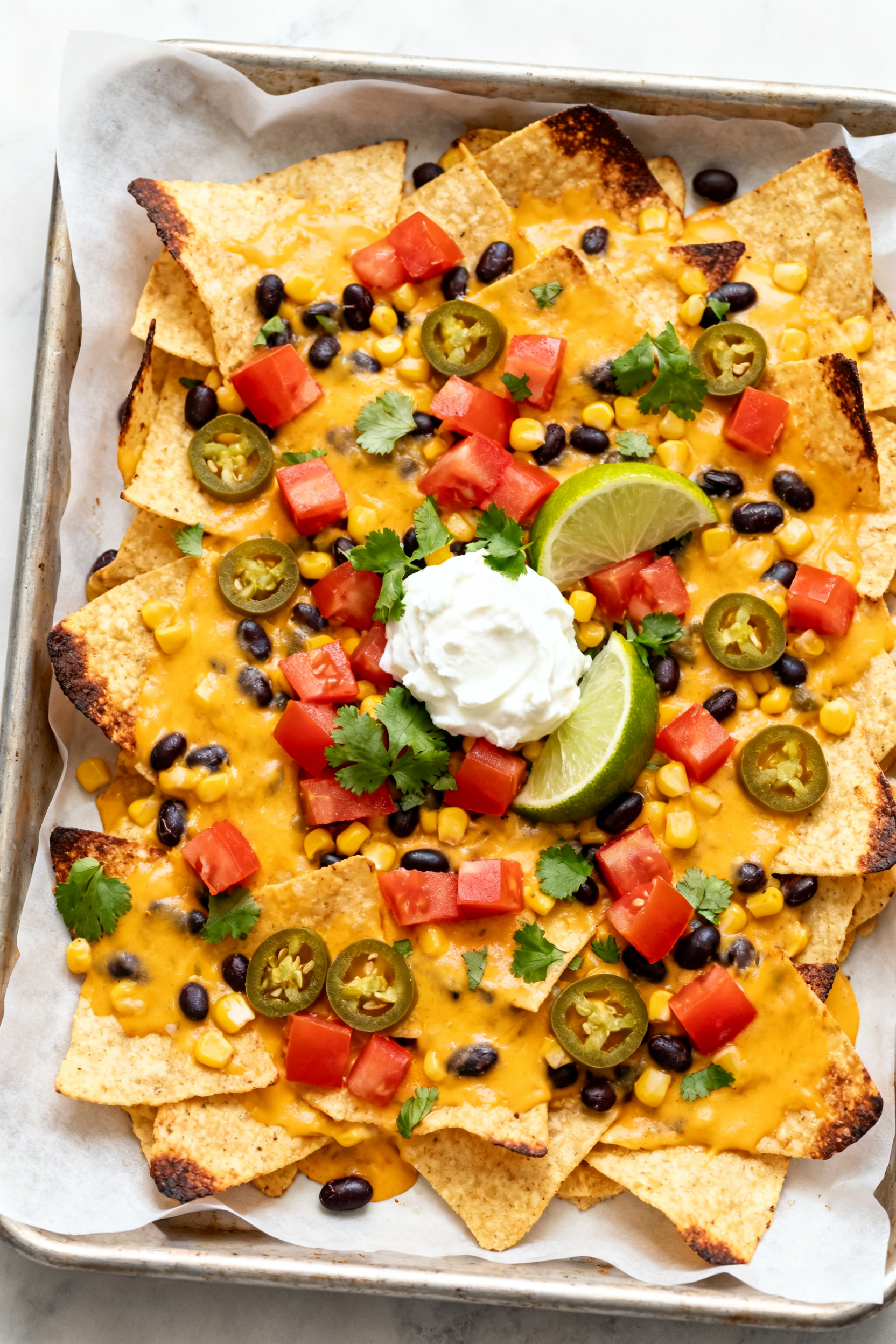 Tasty top view: Sheet-pan nachos fresh from the oven, overhead shot showing evenly melted cheddar, s